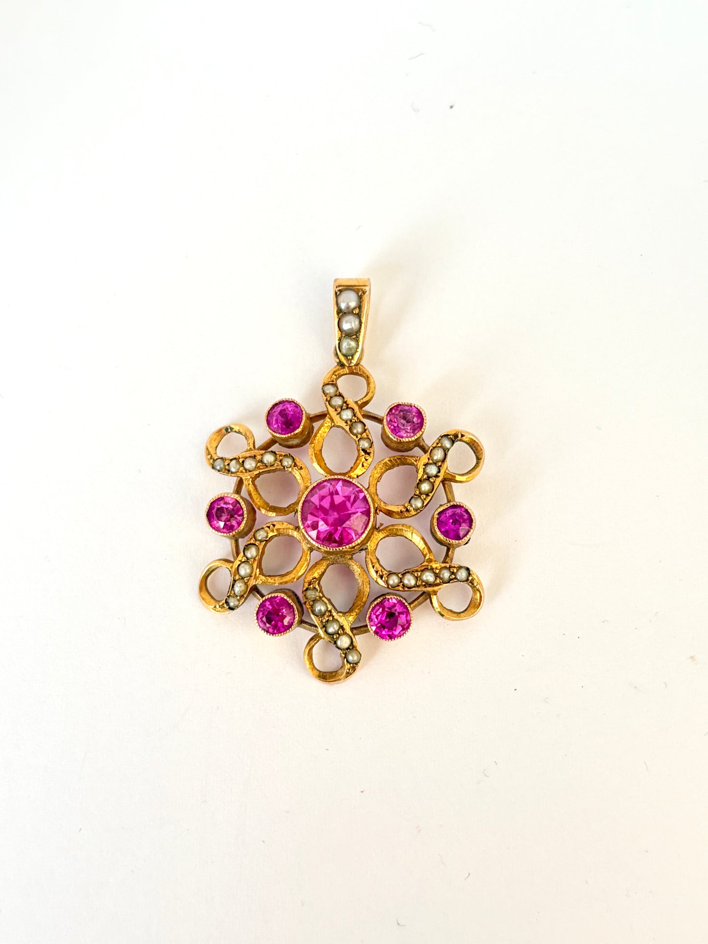 Fabulous Antique, 9ct Gold, Pink Sapphire and Pearl Pendant, Hallmarked Birmingham 1913