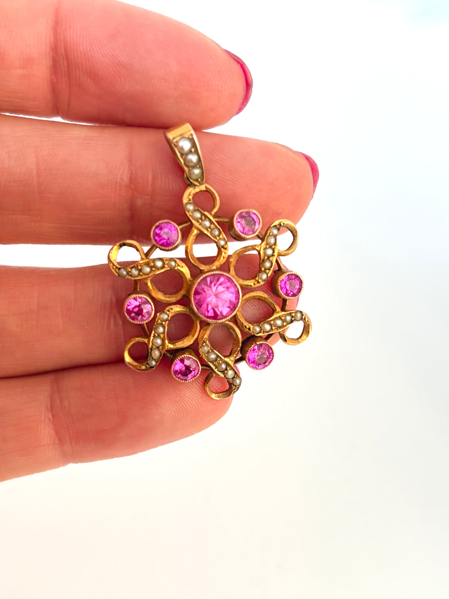 Fabulous Antique, 9ct Gold, Pink Sapphire and Pearl Pendant, Hallmarked Birmingham 1913