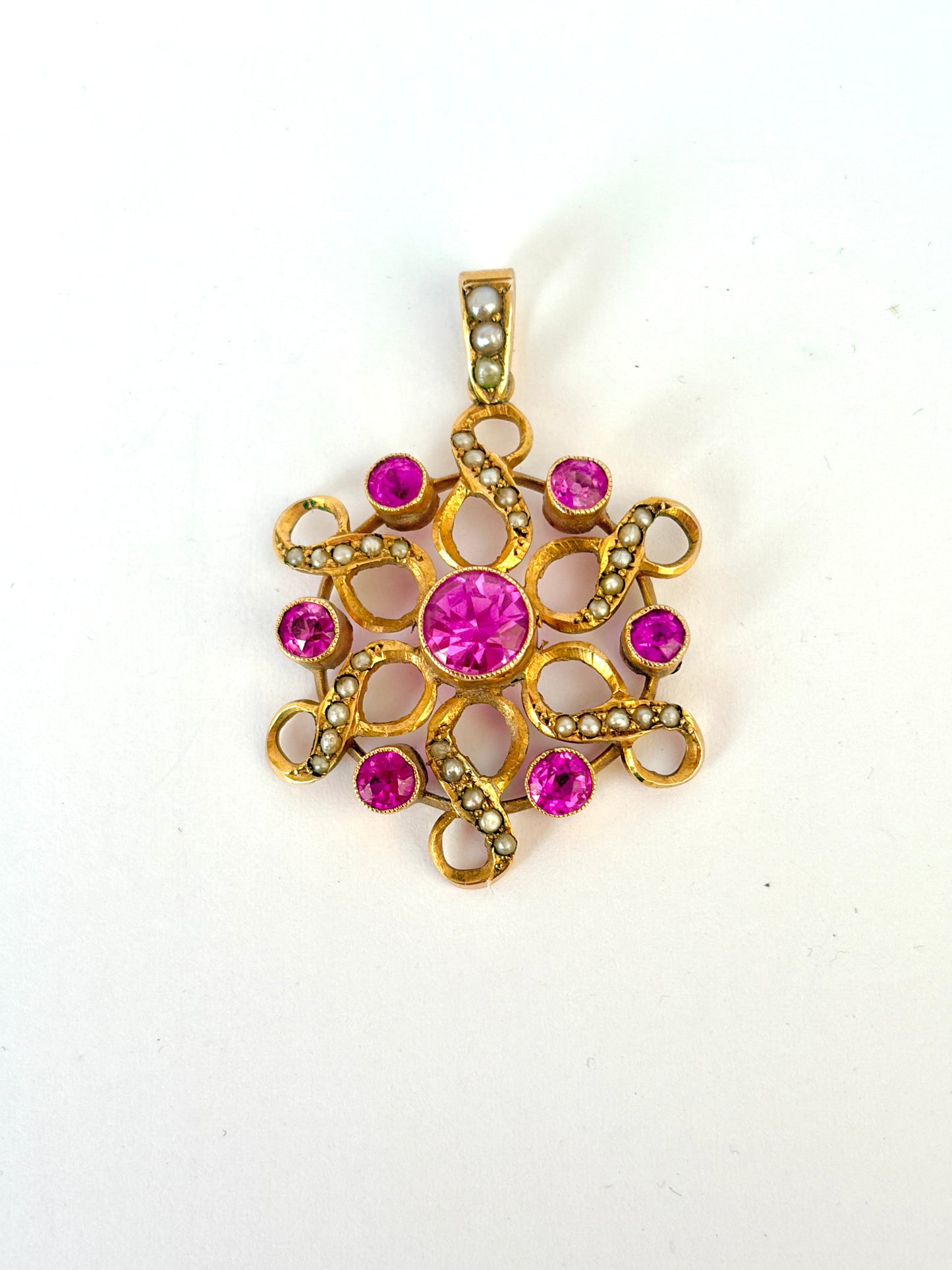 Fabulous Antique, 9ct Gold, Pink Sapphire and Pearl Pendant, Hallmarked Birmingham 1913