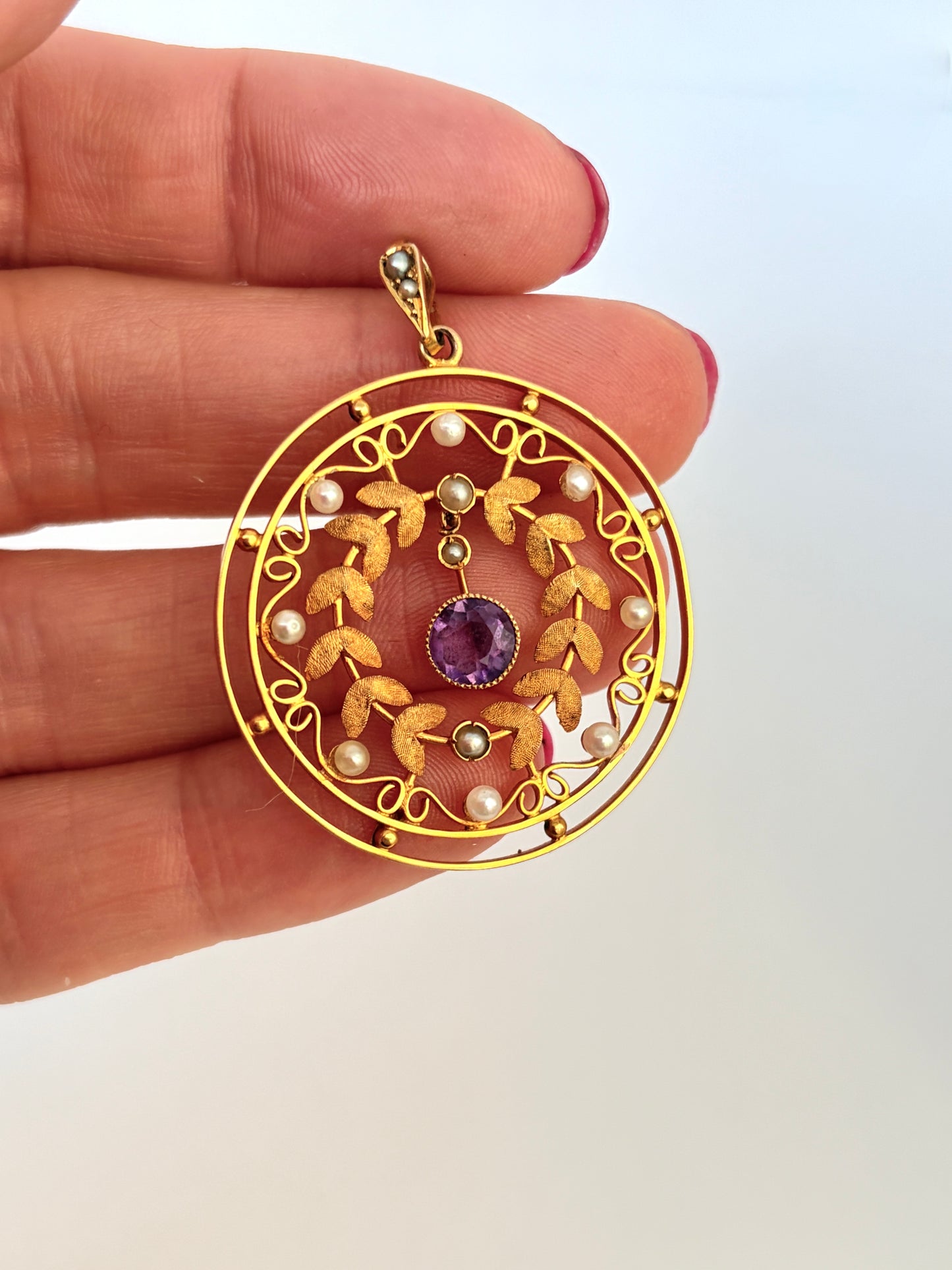 Fabulous Art Nouveau, 9ct Gold, Amethyst and Pearl Pendant