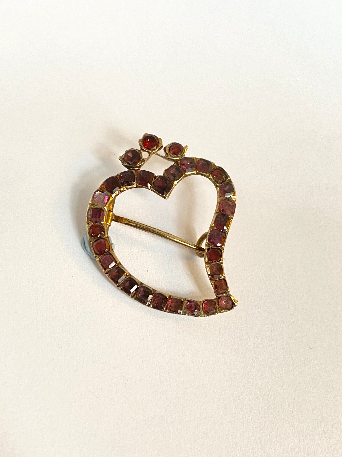 Rare, Large, Georgian 9ct Rolled Gold, Flat Cut Garnet Witches Heart Brooch