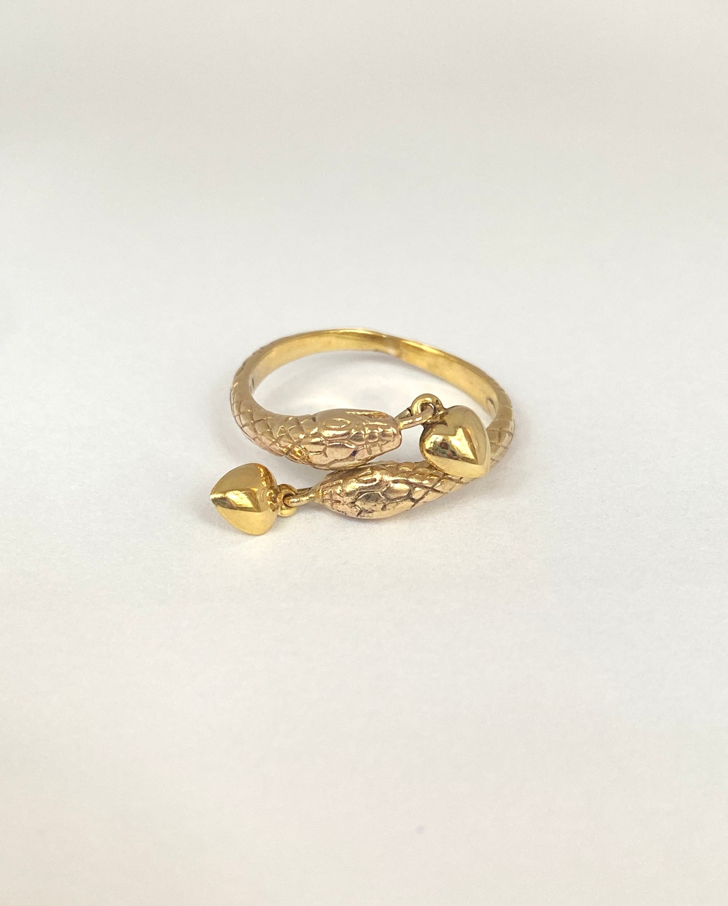 9ct Gold Vintage Double Snake Ring with hanging hearts