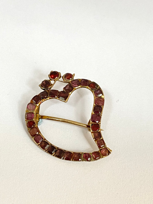 Rare, Large, Georgian 9ct Rolled Gold, Flat Cut Garnet Witches Heart Brooch