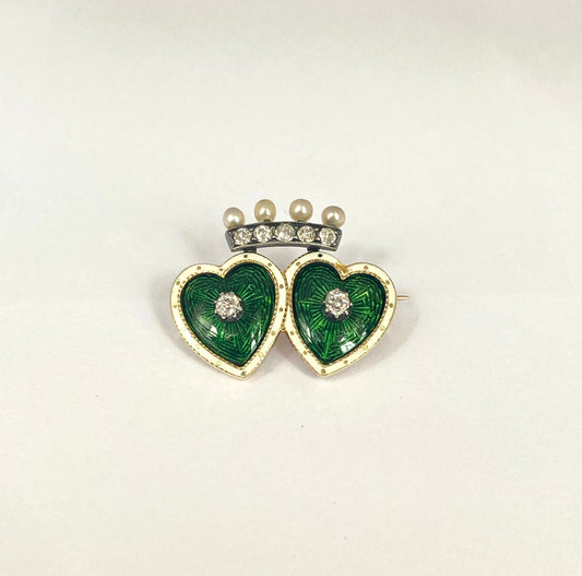 Victorian 15ct Gold, Green Enamel Double Heart Brooch with Seed Pearl and Diamond Crown