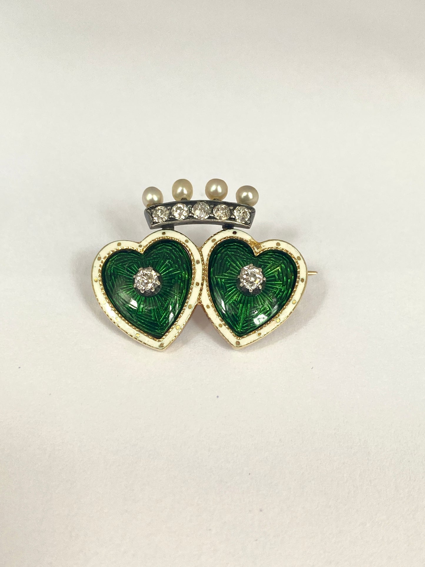 Victorian 15ct Gold, Green Enamel Double Heart Brooch with Seed Pearl and Diamond Crown