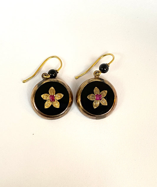 RESERVED Antique, Victorian, 15ct Gold Black Onyx and Ruby Flower drop Earrings and Heart Pendant