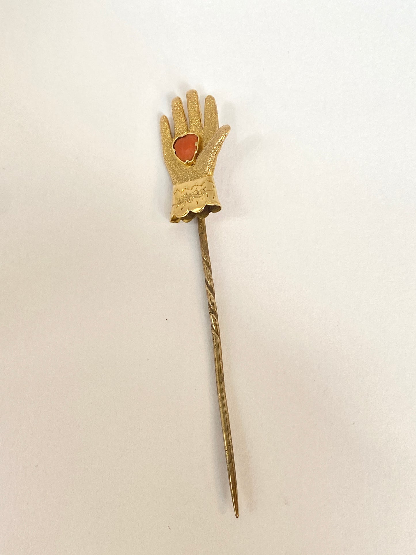 Rare, Georgian, 18ct Gold 'Heart in Hand' Hat Pin, with Coral Heart