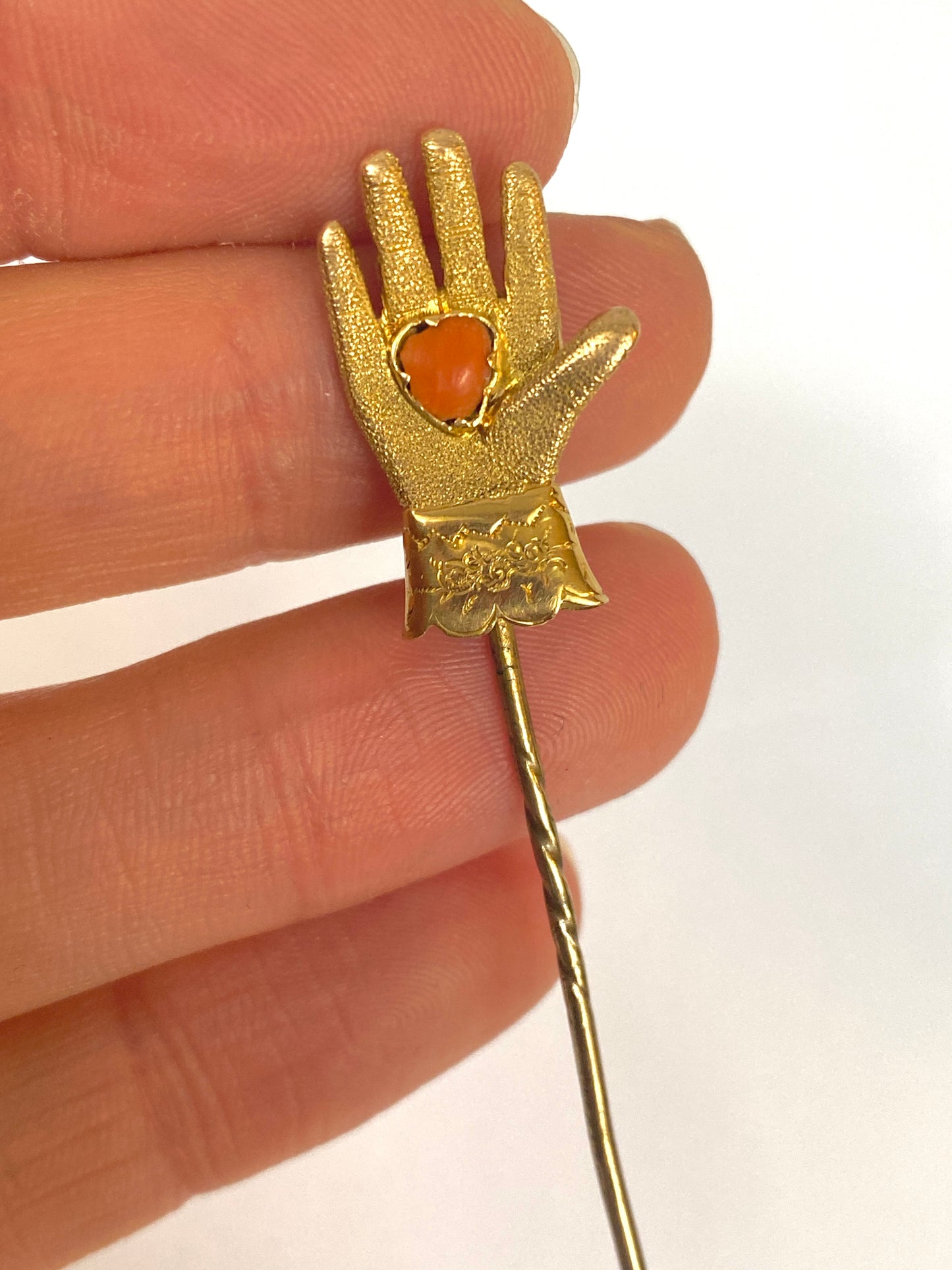 Rare, Georgian, 18ct Gold 'Heart in Hand' Hat Pin, with Coral Heart