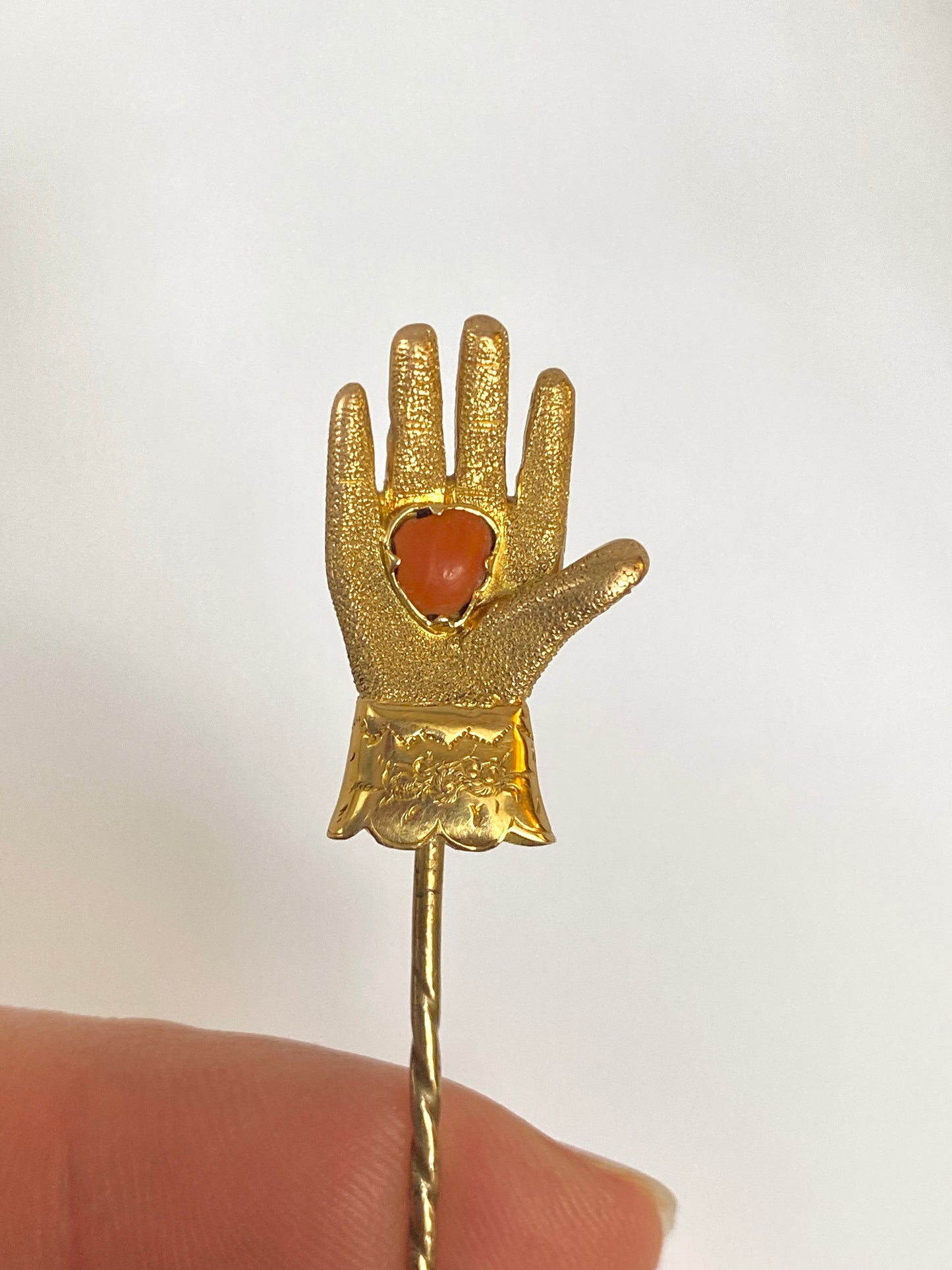 Rare, Georgian, 18ct Gold 'Heart in Hand' Hat Pin, with Coral Heart