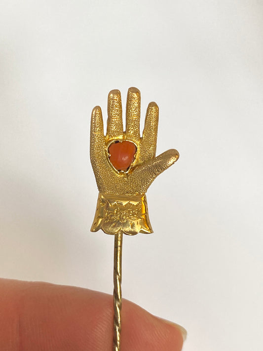 Rare, Georgian, 18ct Gold 'Heart in Hand' Hat Pin, with Coral Heart