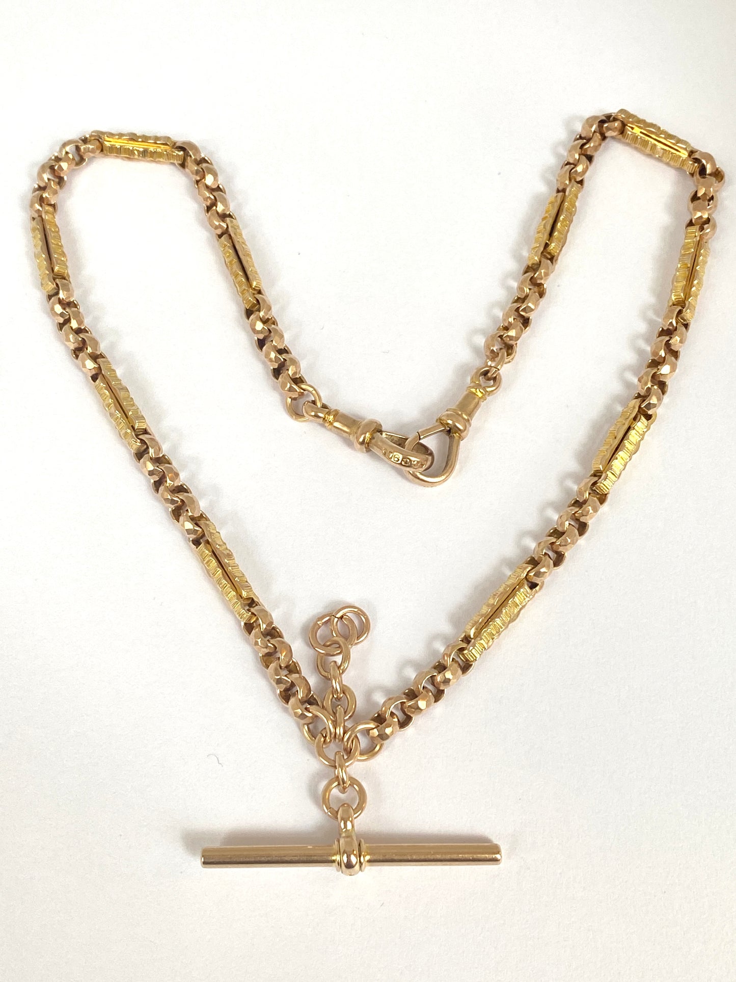 16 inch, Victorian 9ct Gold Fancy Link Double Albert Watch Chain with T bar and dog clips (21.37g)