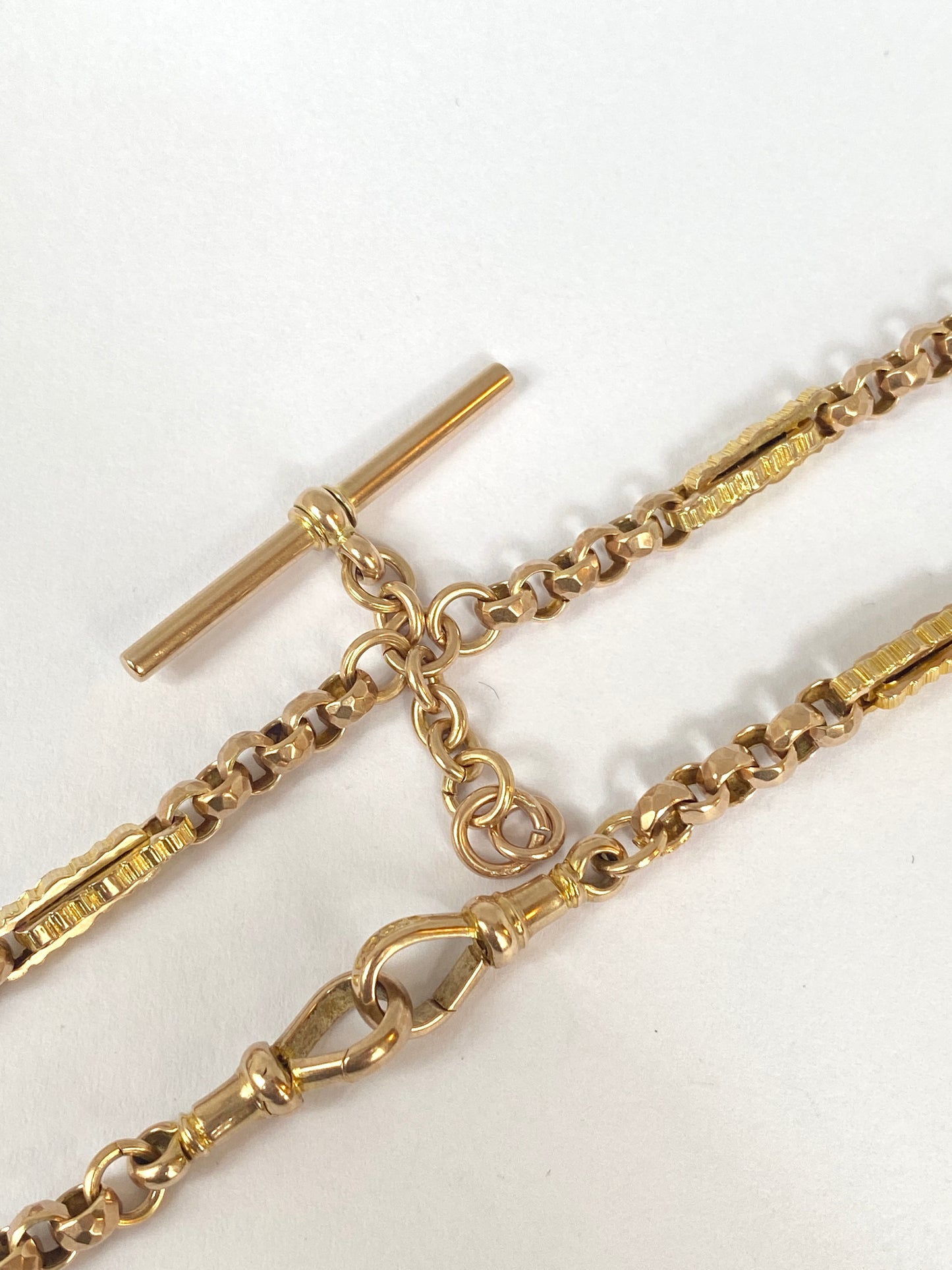 16 inch, Victorian 9ct Gold Fancy Link Double Albert Watch Chain with T bar and dog clips (21.37g)