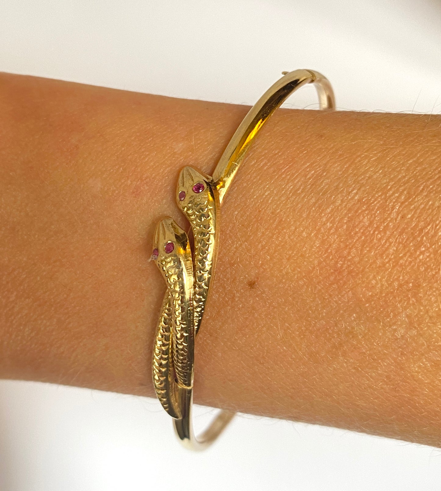 Vintage, 9ct Gold, Ruby Eyed Double Snake Bangle