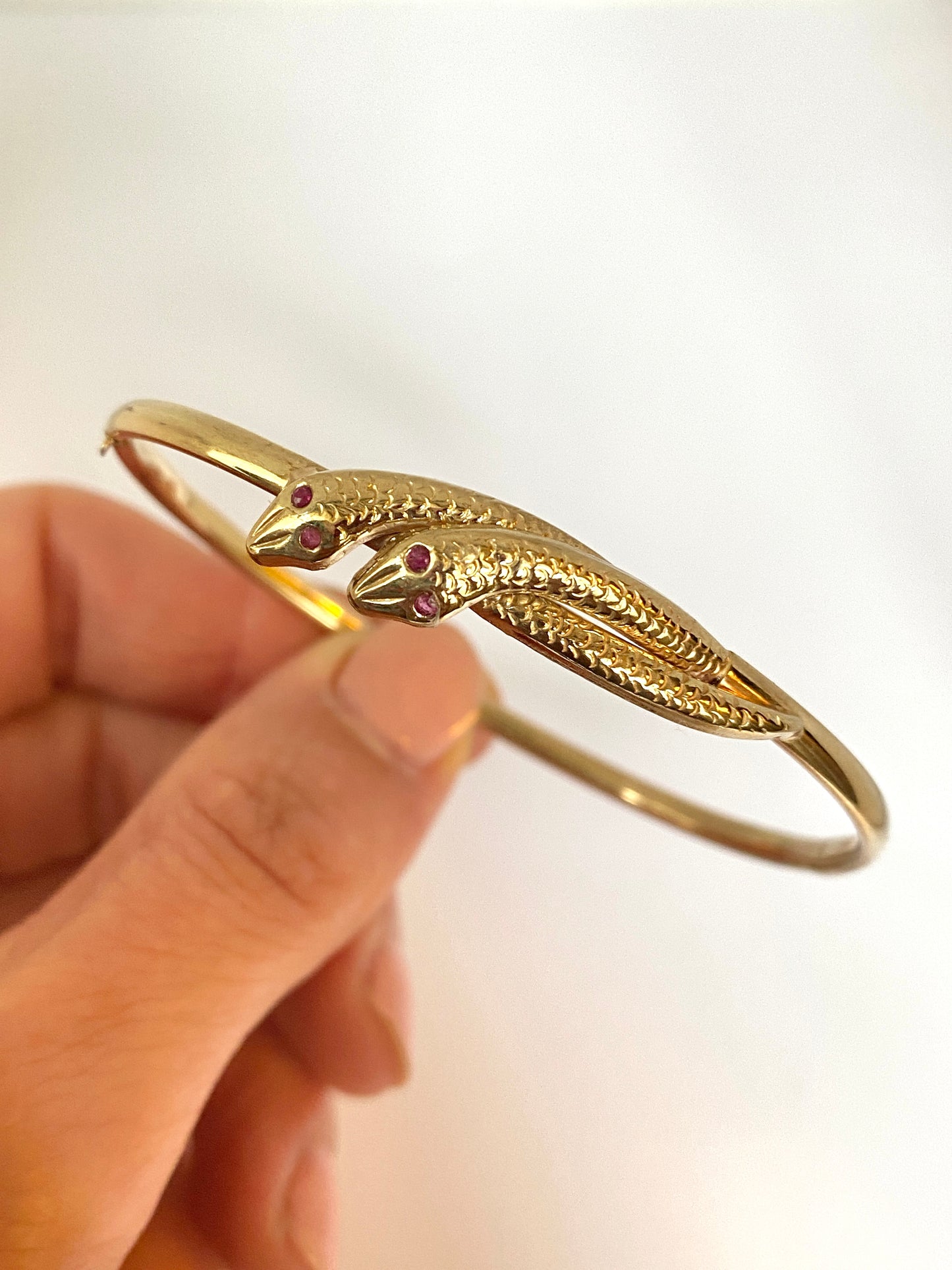 Vintage, 9ct Gold, Ruby Eyed Double Snake Bangle