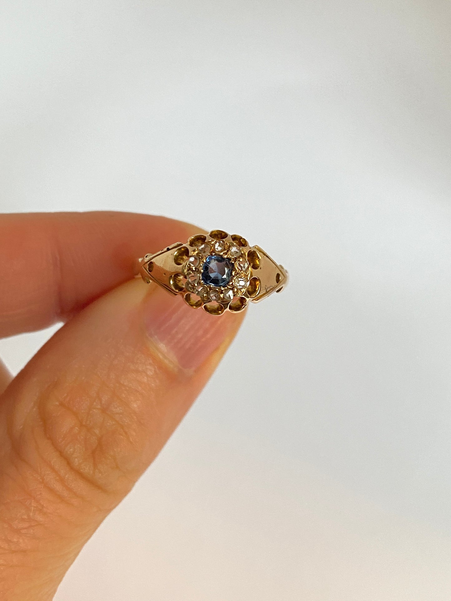 Antique, 18ct Gold, Art Deco Sapphire and Old Cut Diamond Cluster Ring