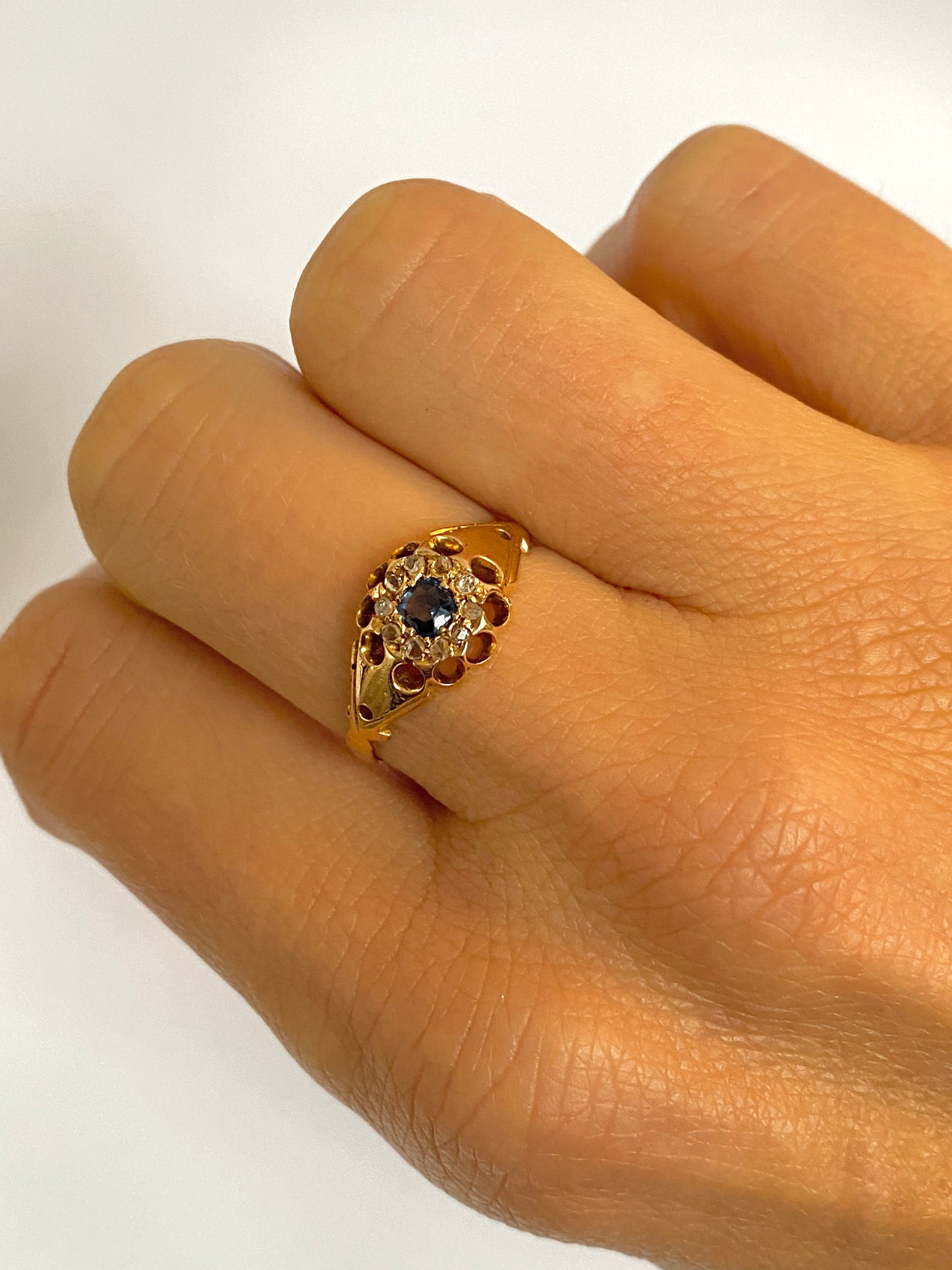 Antique, 18ct Gold, Art Deco Sapphire and Old Cut Diamond Cluster Ring