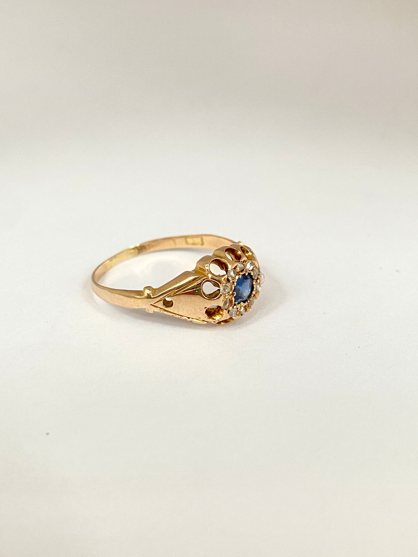 Antique, 18ct Gold, Art Deco Sapphire and Old Cut Diamond Cluster Ring