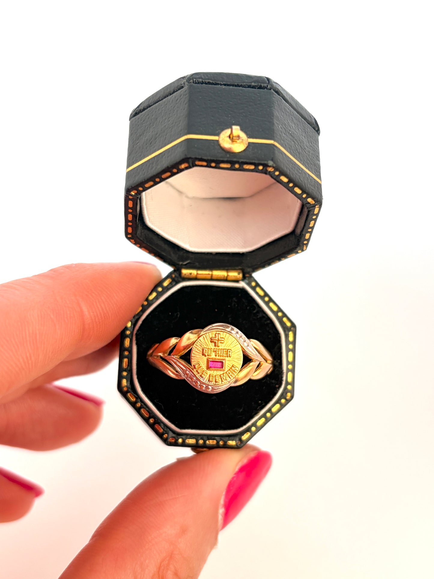 Romantic, 18ct Gold, Diamond and Ruby French Augis Love Ring, 'Qu'hier - Que demain' (Copy)