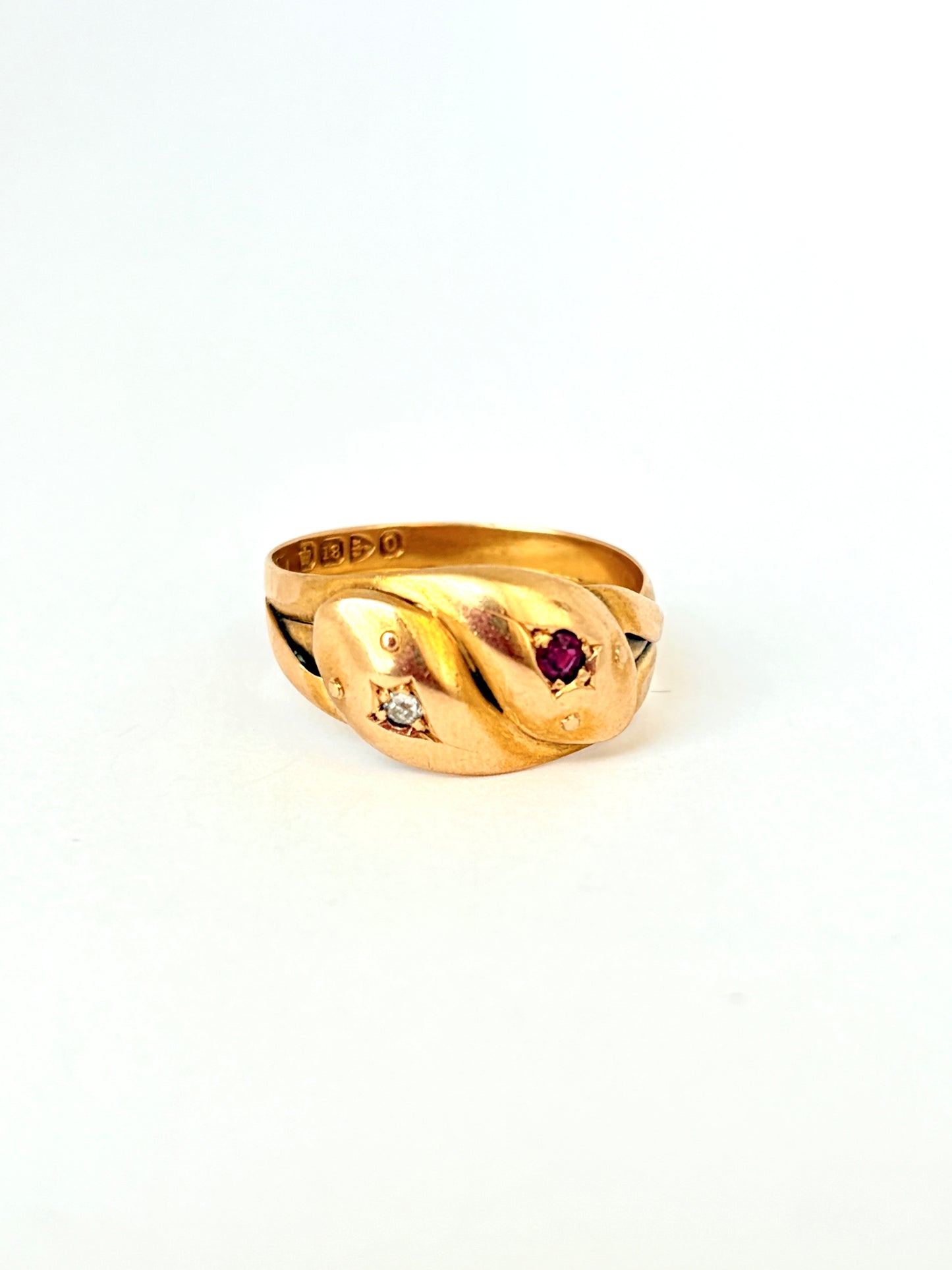 Antique, Victorian 18 Gold, Double Diamond and Ruby Snake Ring, Hallmarked Chester, 1897 (6.37g)