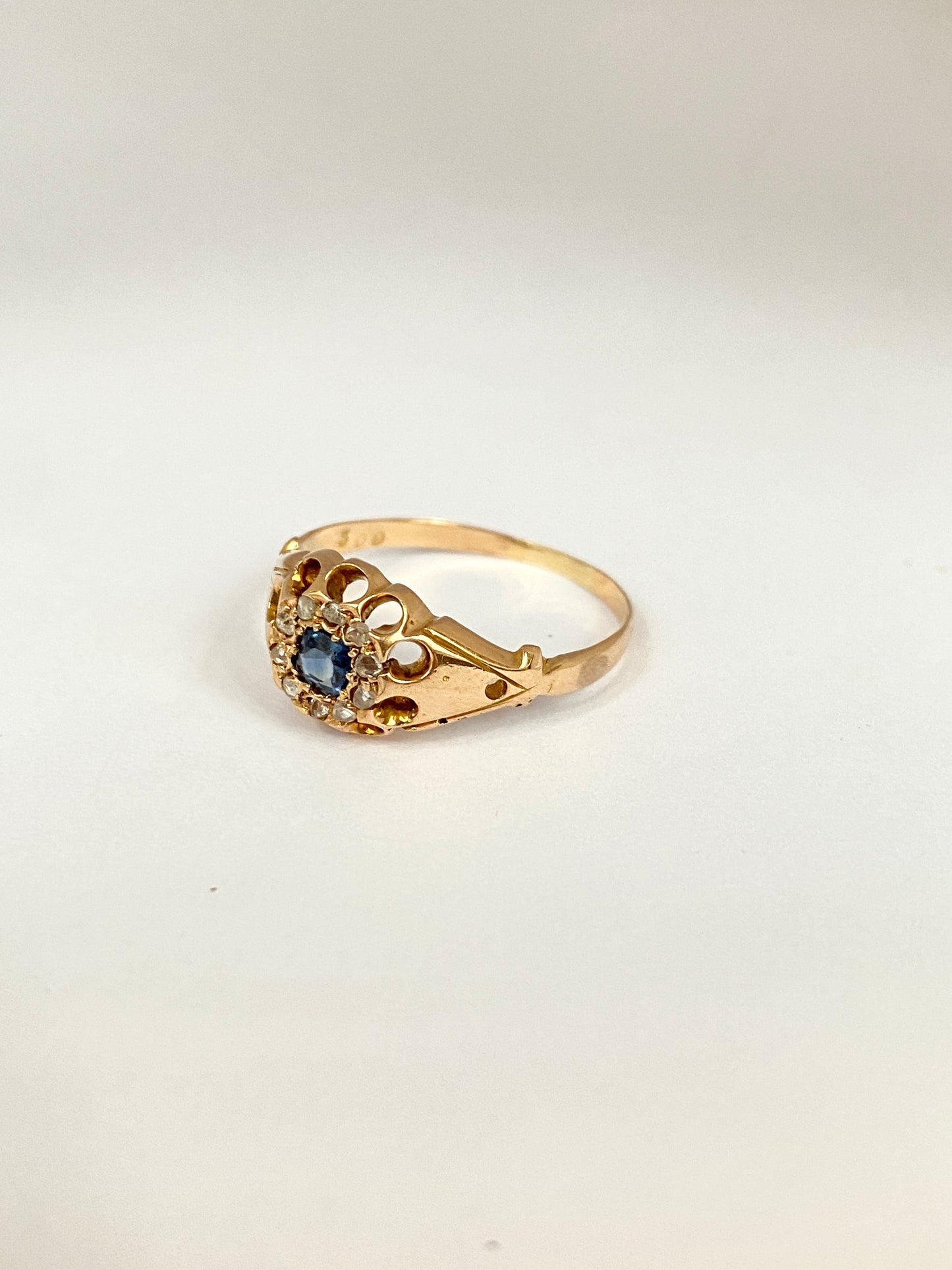 Antique, 18ct Gold, Art Deco Sapphire and Old Cut Diamond Cluster Ring