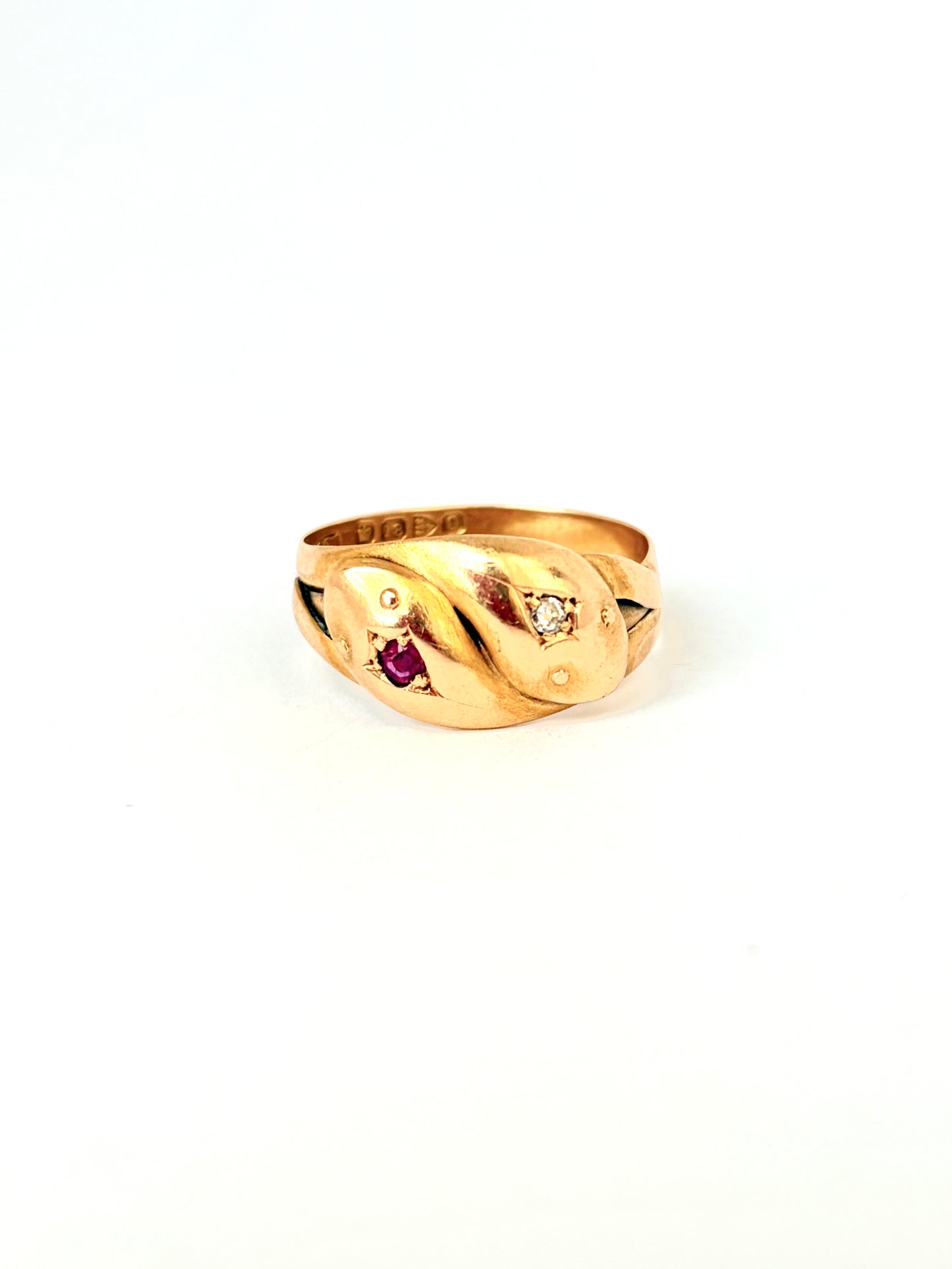 Antique, Victorian 18 Gold, Double Diamond and Ruby Snake Ring, Hallmarked Chester, 1897 (6.37g)