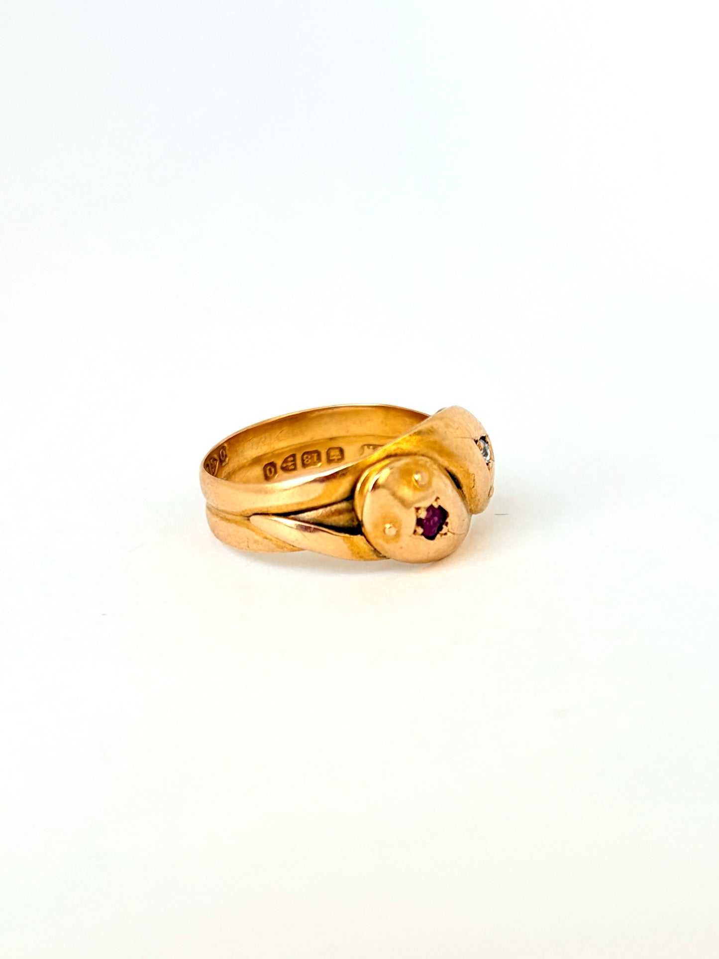 Antique, Victorian 18 Gold, Double Diamond and Ruby Snake Ring, Hallmarked Chester, 1897 (6.37g)
