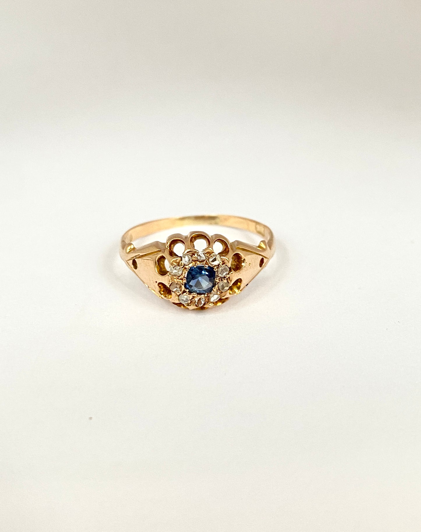 Antique, 18ct Gold, Art Deco Sapphire and Old Cut Diamond Cluster Ring