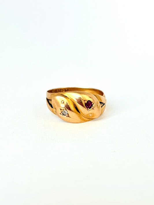 Antique, Victorian 18 Gold, Double Diamond and Ruby Snake Ring, Hallmarked Chester, 1897 (6.37g)