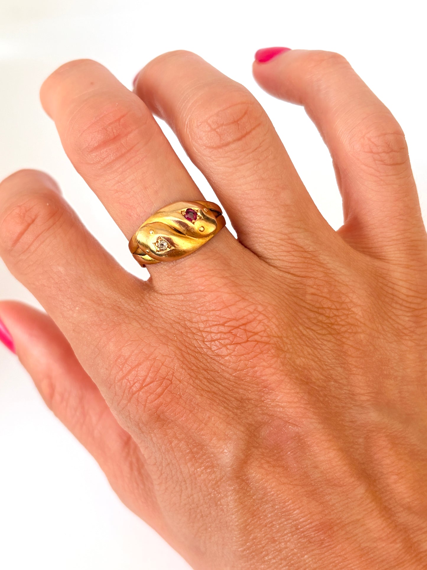 Antique, Victorian 18 Gold, Double Diamond and Ruby Snake Ring, Hallmarked Chester, 1897 (6.37g)