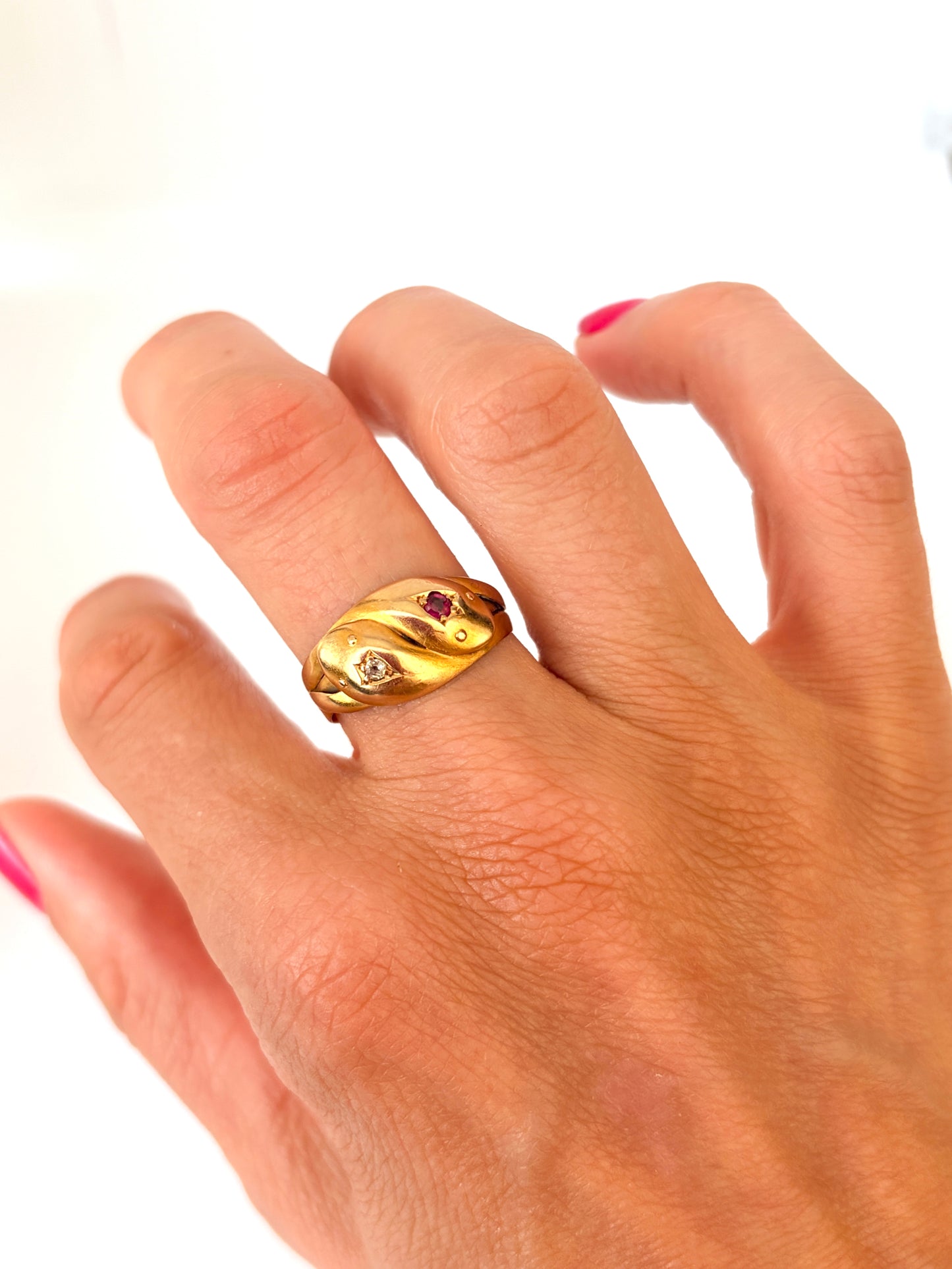 Antique, Victorian 18 Gold, Double Diamond and Ruby Snake Ring, Hallmarked Chester, 1897 (6.37g)