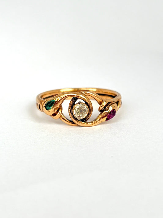Rare, Antique, 18ct Gold, Diamond, Ruby and Emerald Snake Ring, 4.74g