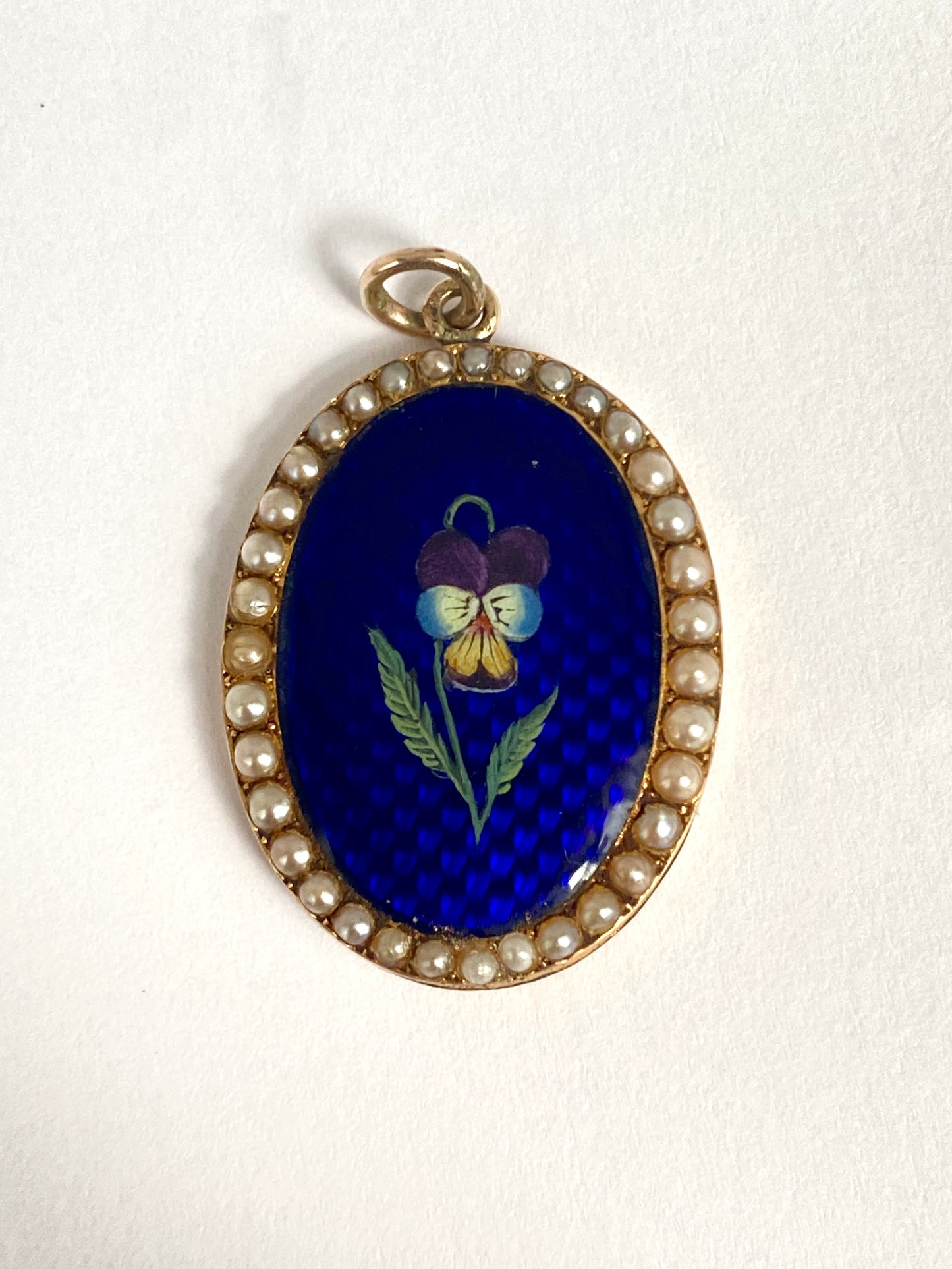 Romantic, Victorian, 9ct Gold, Pearl and Enamelled Pansy Pendant, 'Think of me'