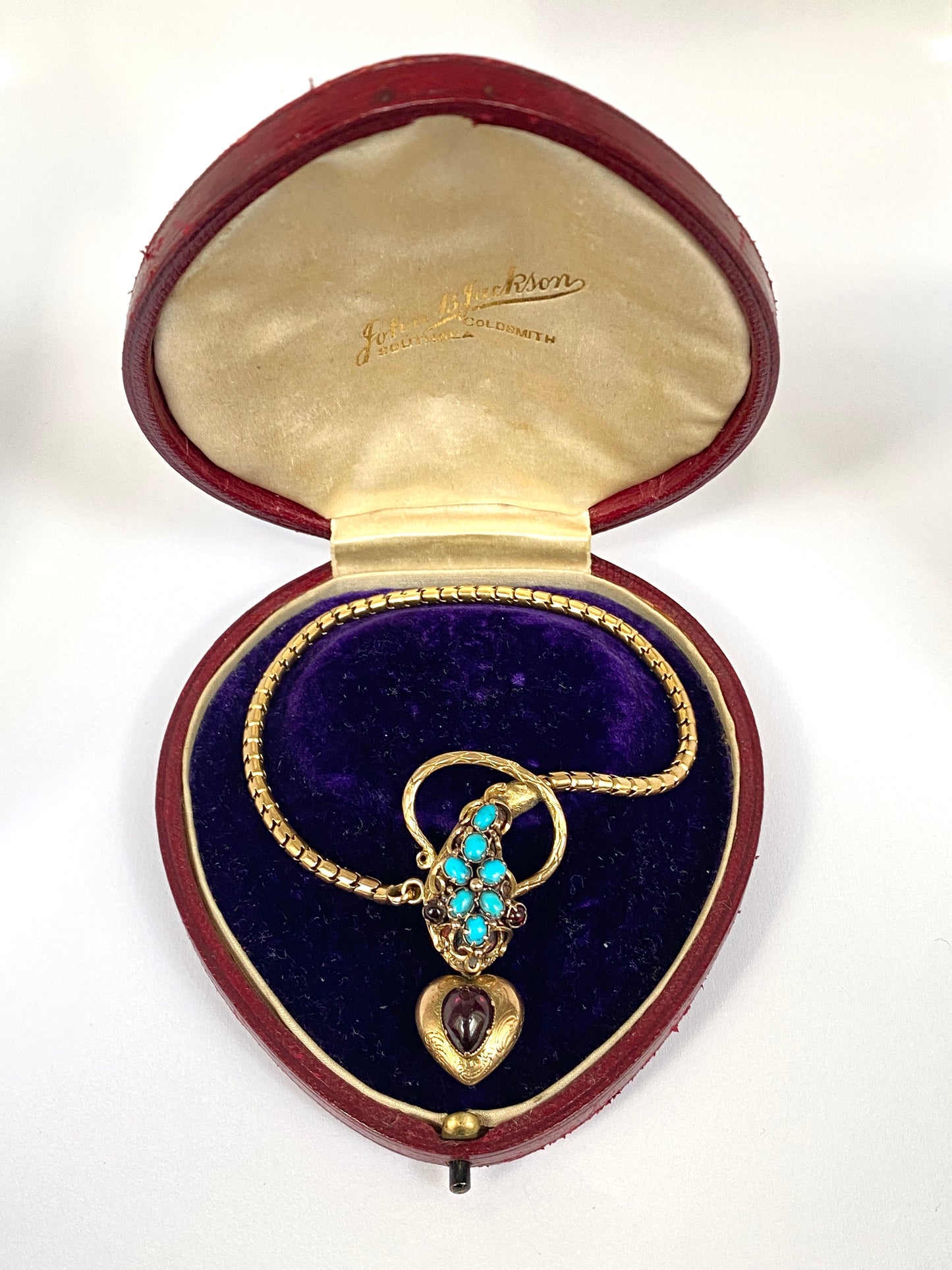 Victorian, Antique, 15ct Gold, Garnet Eyed Turquoise Snake Bracelet with Box