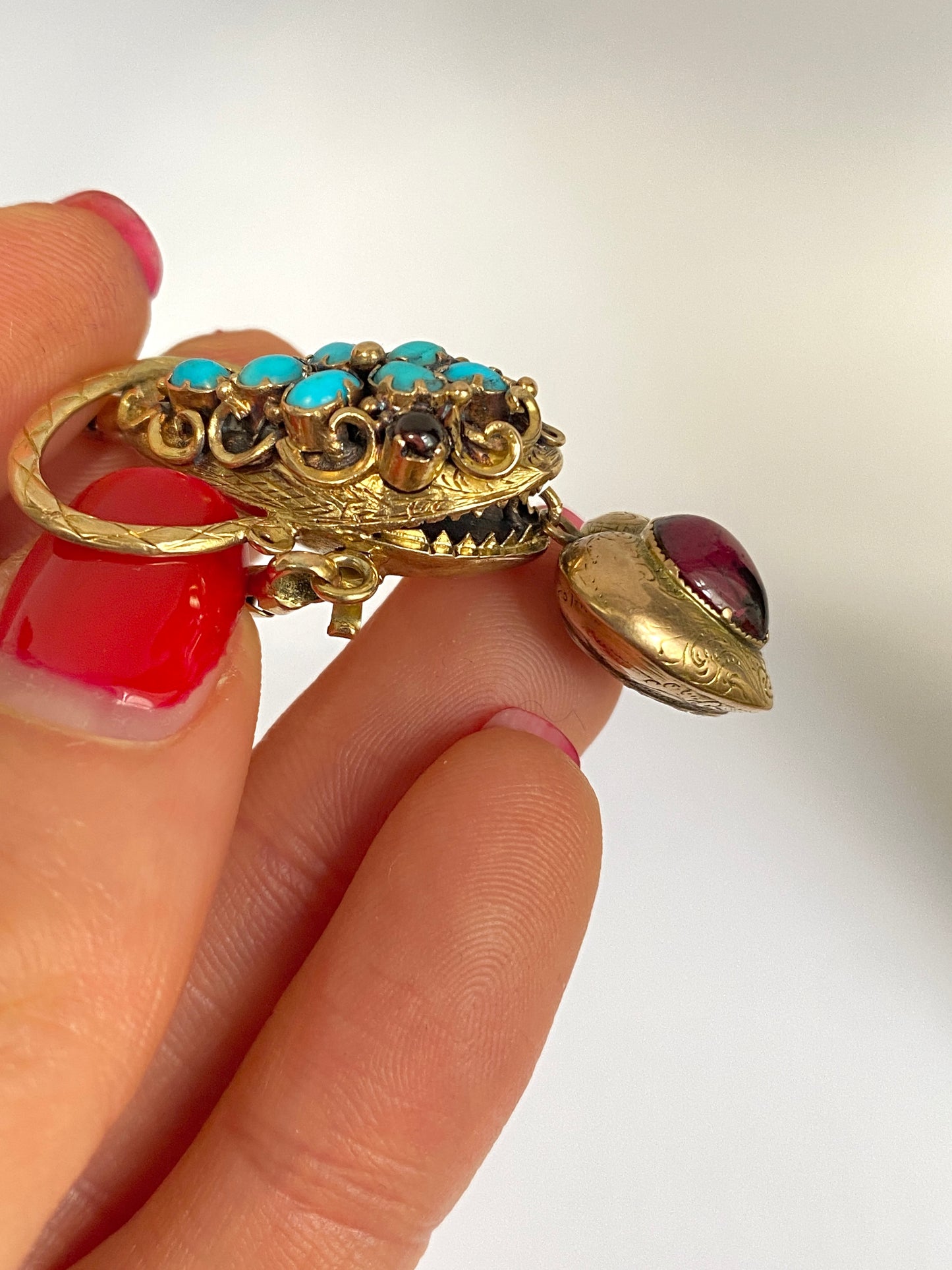 Victorian, Antique, 15ct Gold, Garnet Eyed Turquoise Snake Bracelet with Box