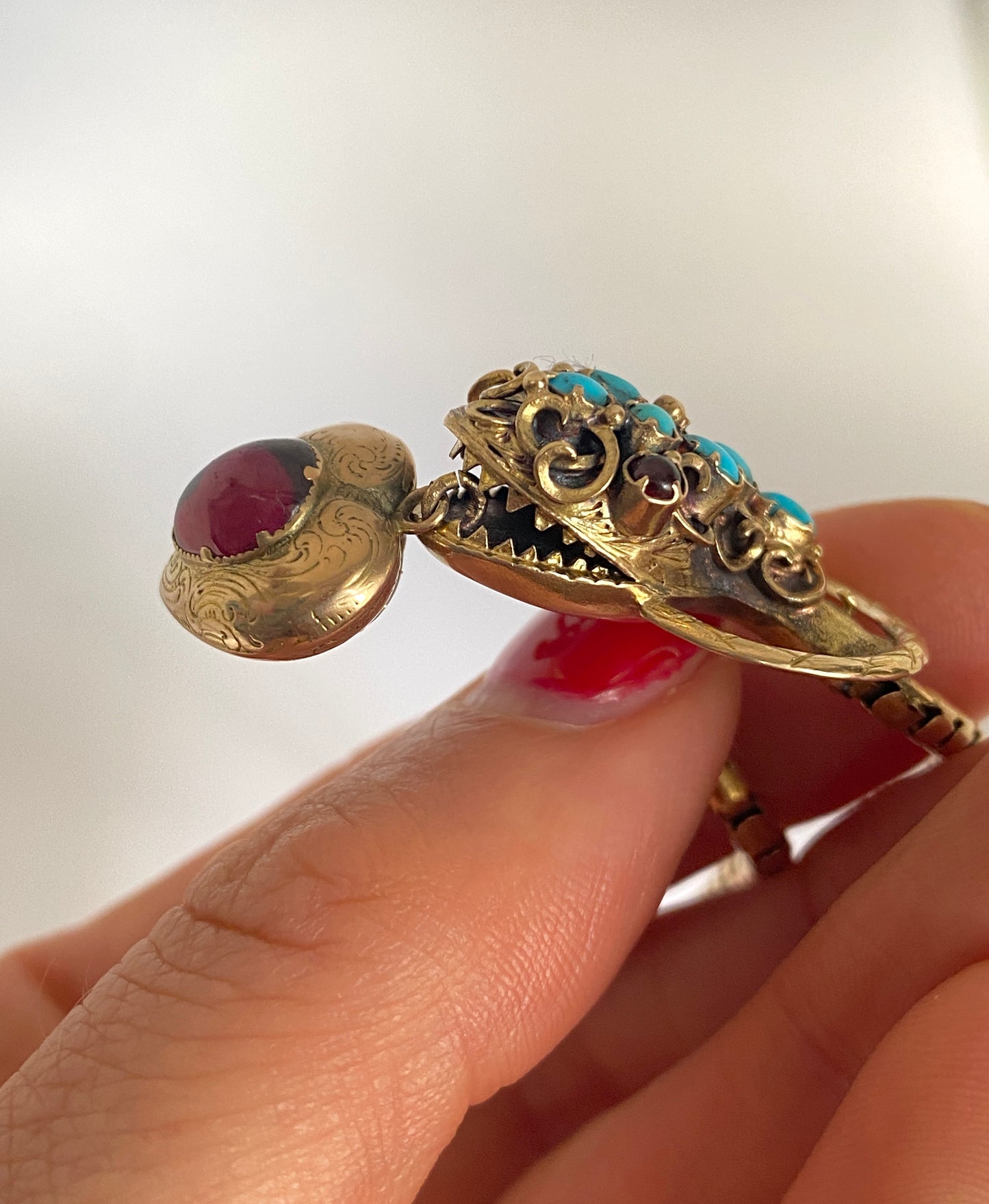 Victorian, Antique, 15ct Gold, Garnet Eyed Turquoise Snake Bracelet with Box