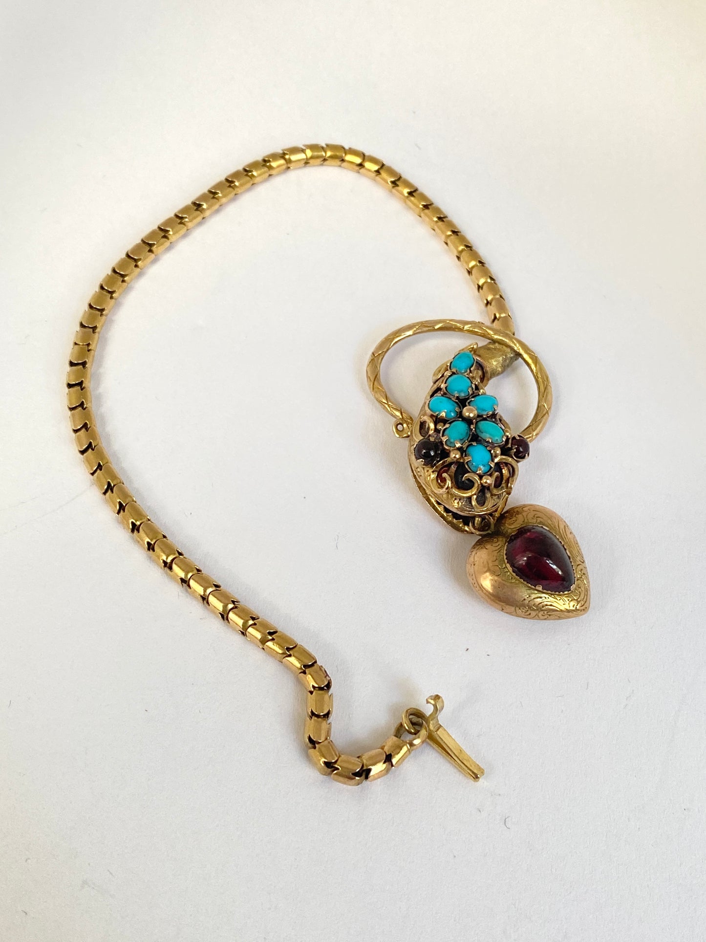 Victorian, Antique, 15ct Gold, Garnet Eyed Turquoise Snake Bracelet with Box