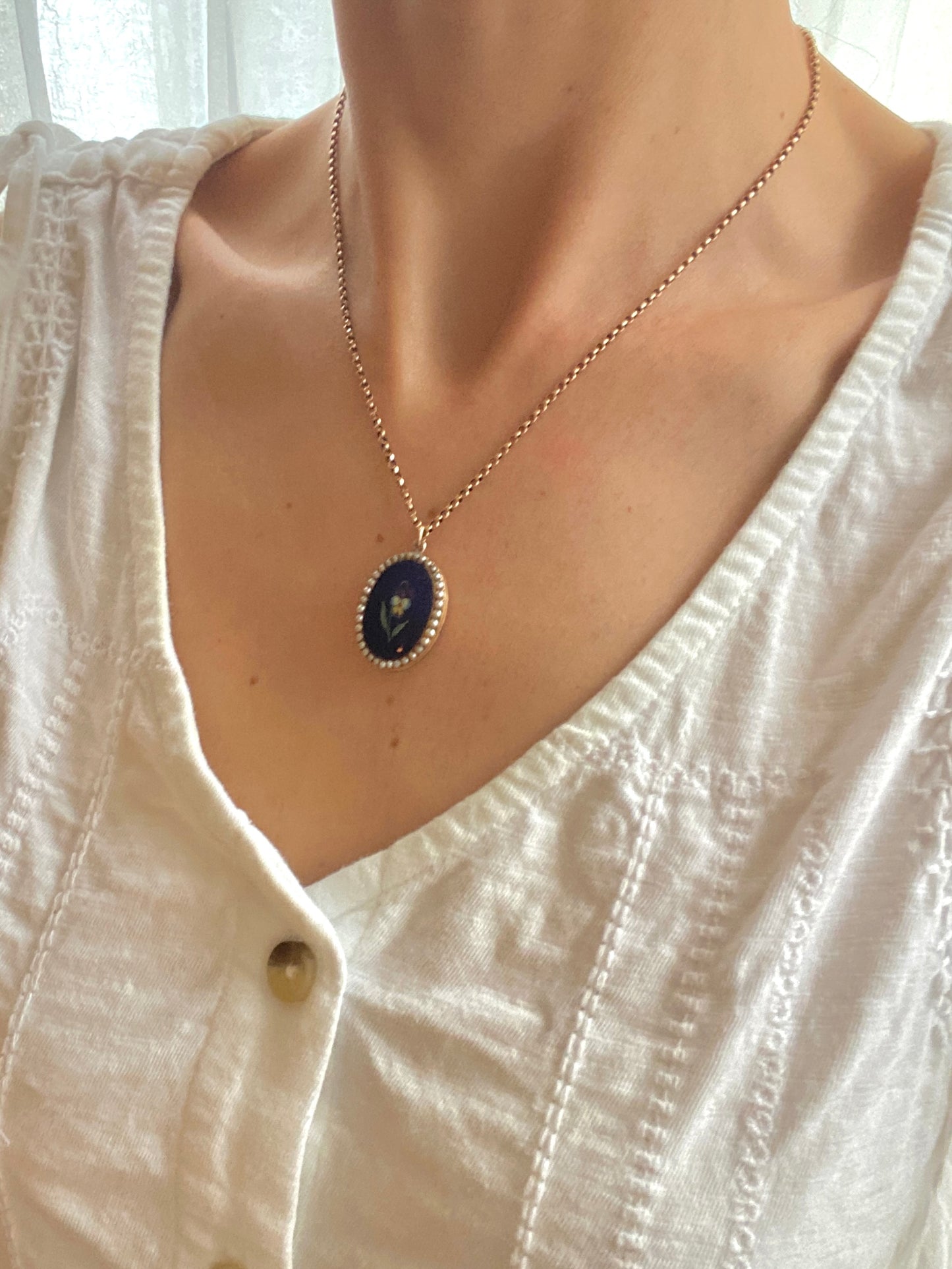 Romantic, Victorian, 9ct Gold, Pearl and Enamelled Pansy Pendant, 'Think of me'