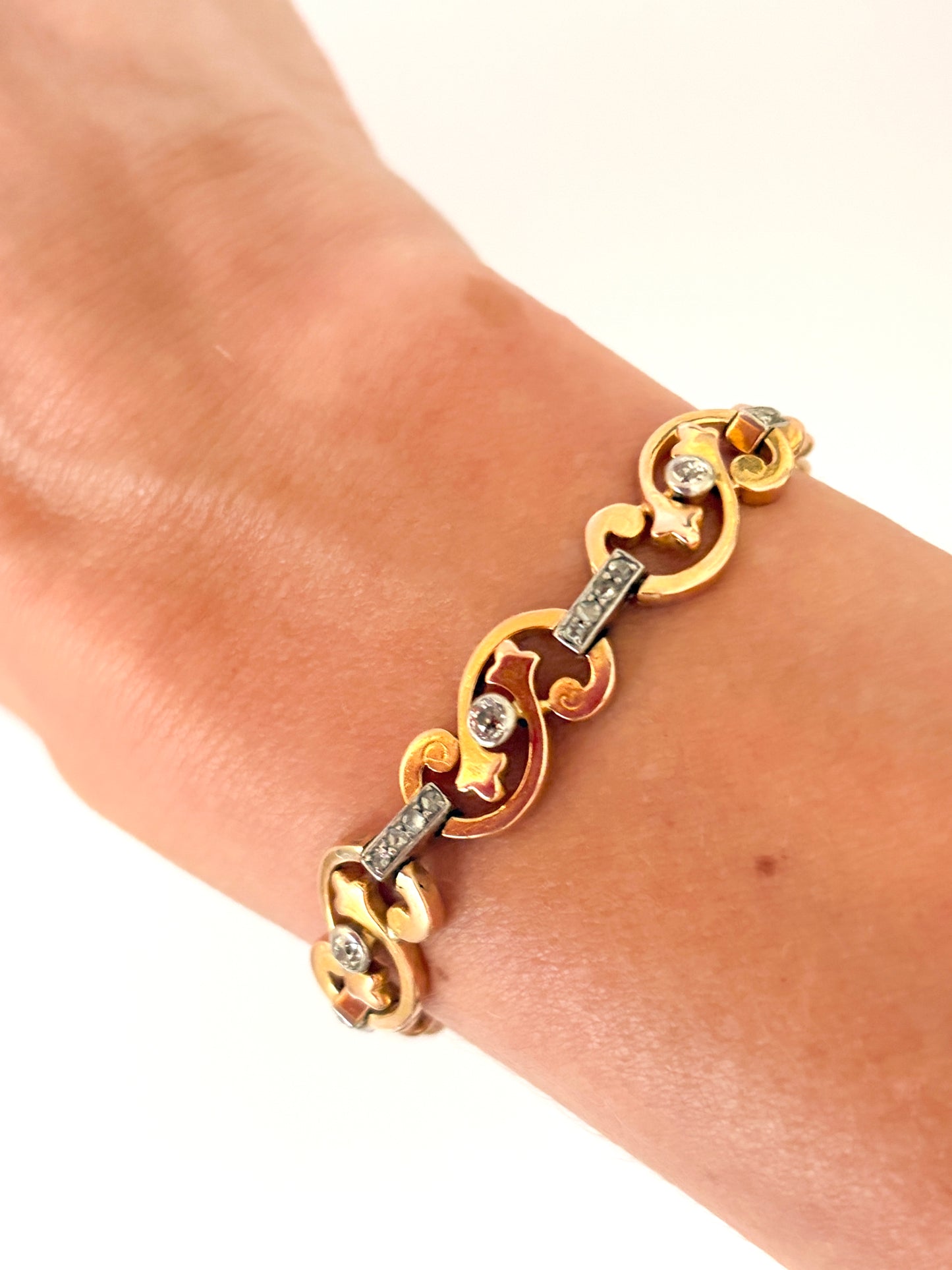 Incredible, Art Deco, 14ct Yellow and white Gold Diamond Bracelet; 11.83g, 7 inches