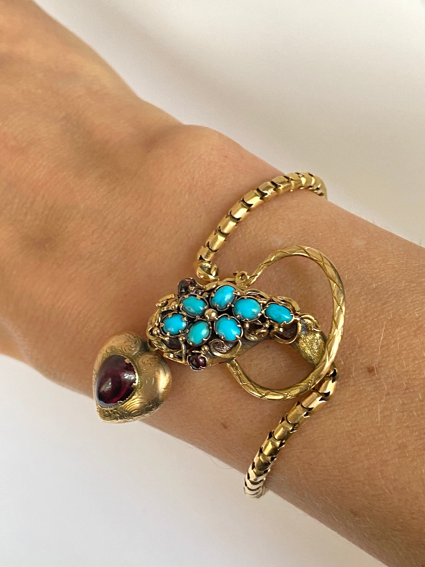 Victorian, Antique, 15ct Gold, Garnet Eyed Turquoise Snake Bracelet with Box