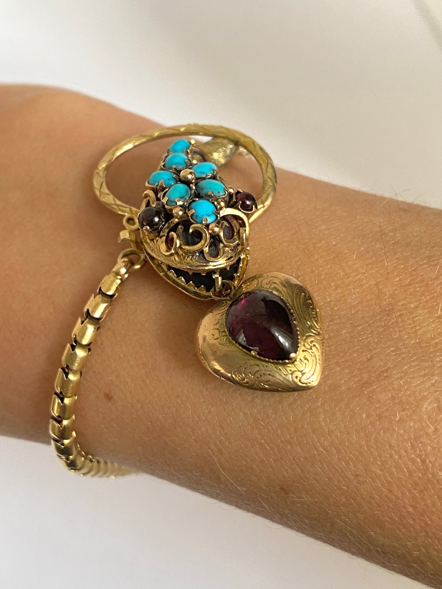 Victorian, Antique, 15ct Gold, Garnet Eyed Turquoise Snake Bracelet with Box