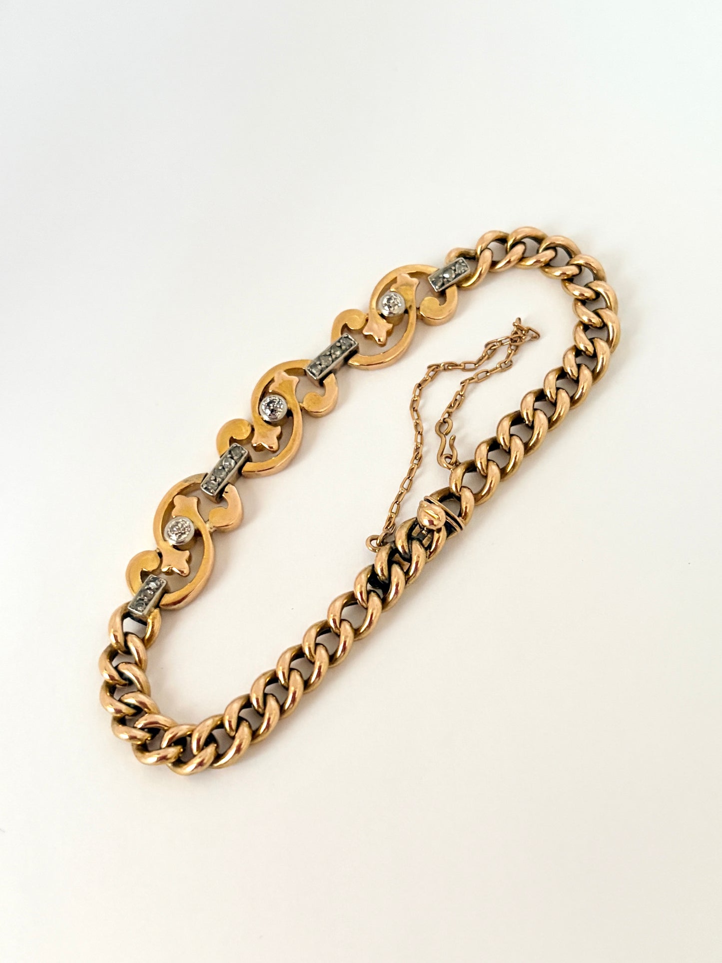 Incredible, Art Deco, 14ct Yellow and white Gold Diamond Bracelet; 11.83g, 7 inches