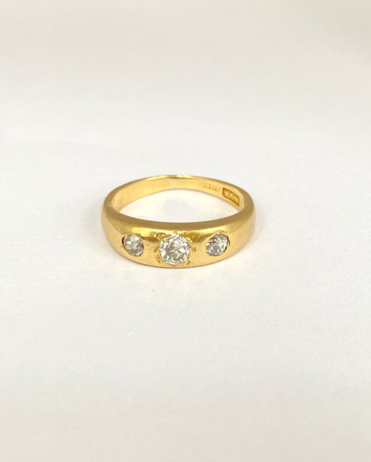 Antique, Old Mine Cut Trilogy Diamond Gypsy Ring, Hallmarked London, 18ct Gold