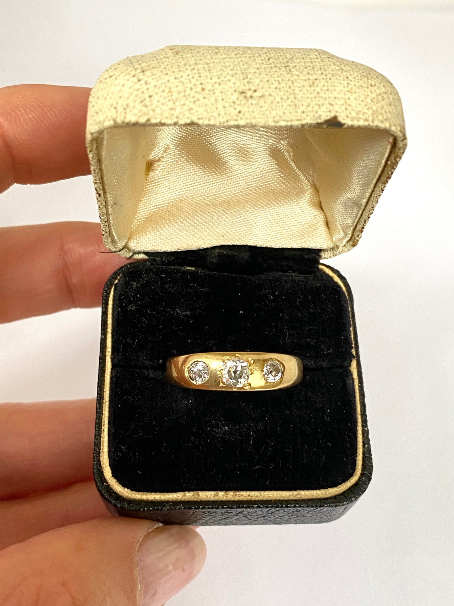 Antique, Old Mine Cut Trilogy Diamond Gypsy Ring, Hallmarked London, 18ct Gold