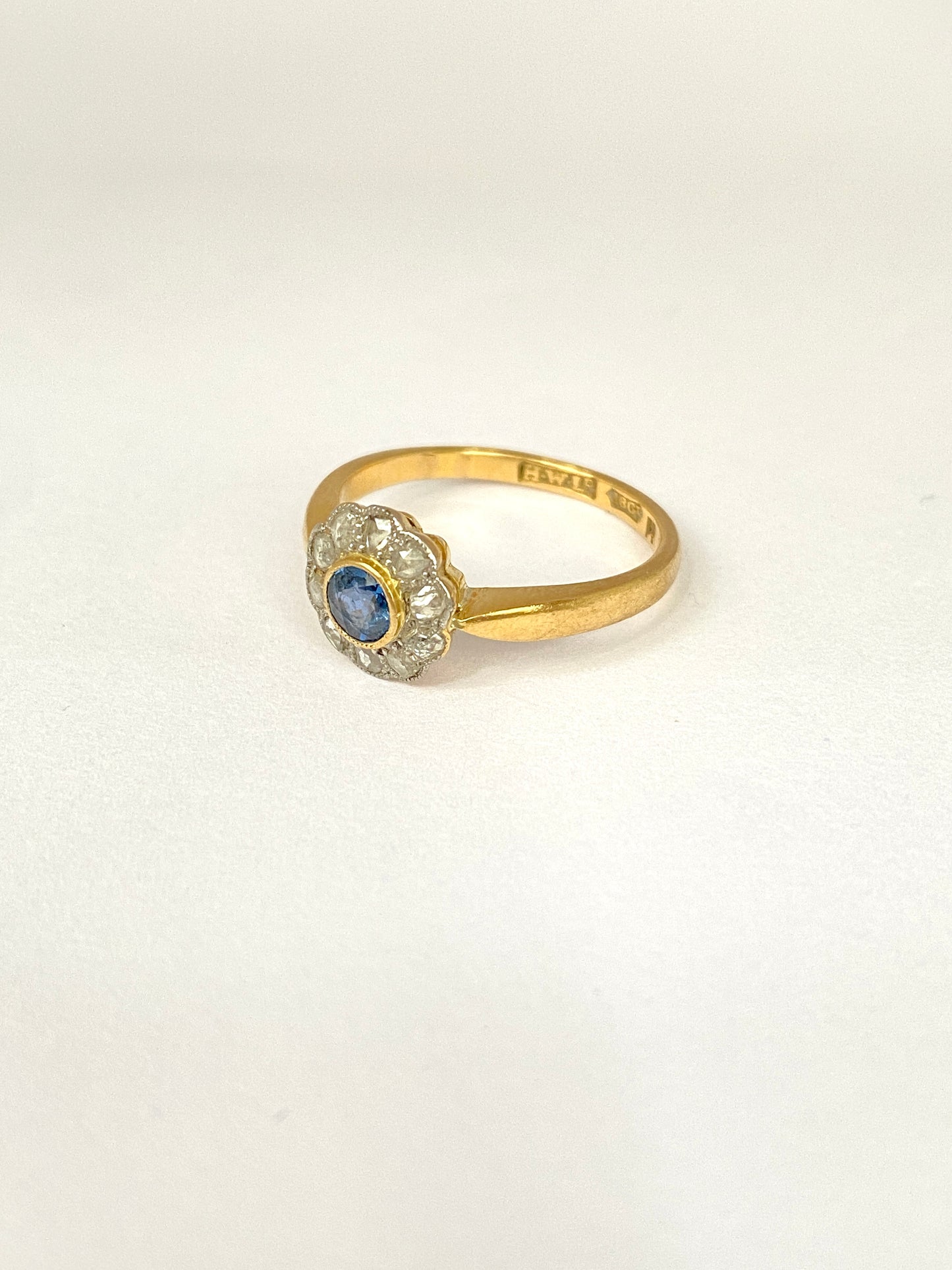 Antique, 18ct Gold, Art Deco Sapphire and Rose Cut Diamond Cluster Ring