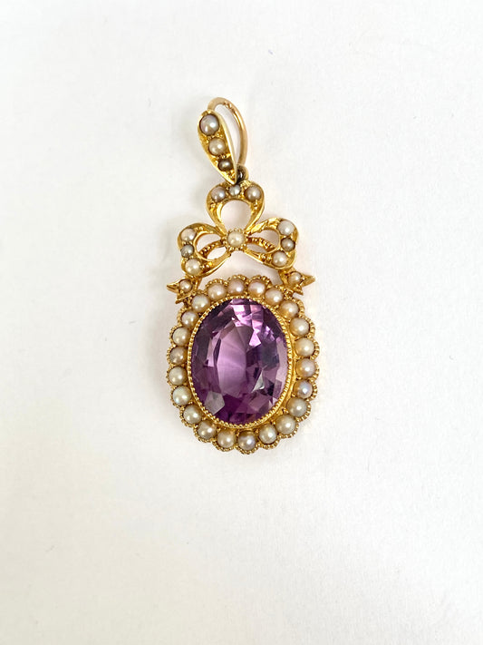 Victorian 15ct Gold, Amethyst and Seed Pearl Cluster Pendant with Seed Pearl Bow