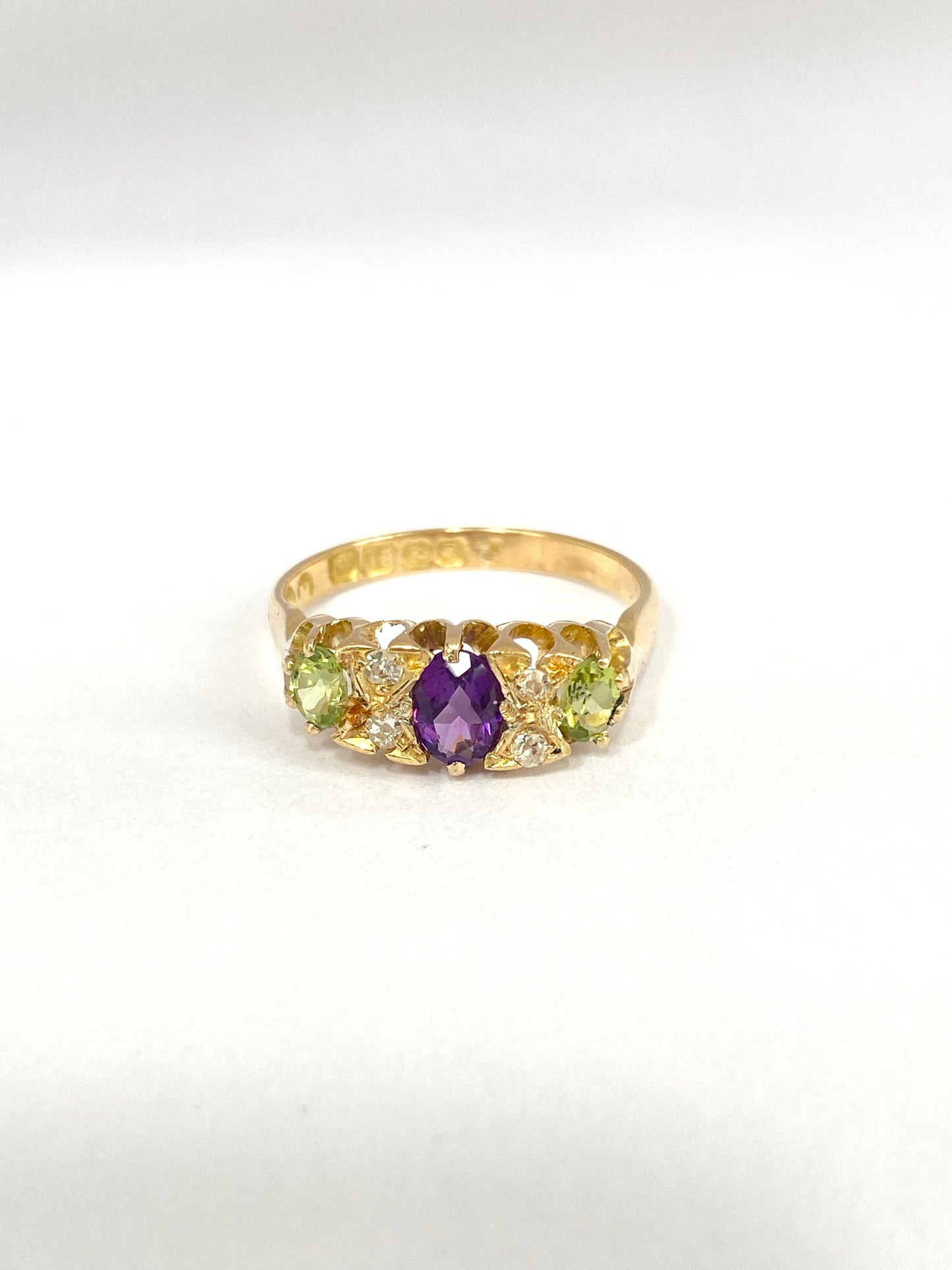 18ct Gold Antique Suffragette Ring, (Amethyst, Peridot and Diamond), Hallmarked, 18ct Gold, Birmingham 1915