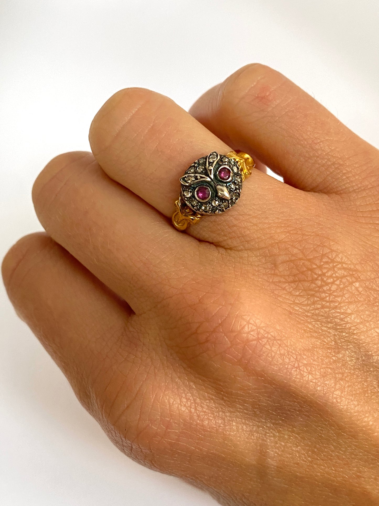 Vintage, 15ct Gold and Silver, Rose Cut Diamond and Ruby eyed Owl Ring