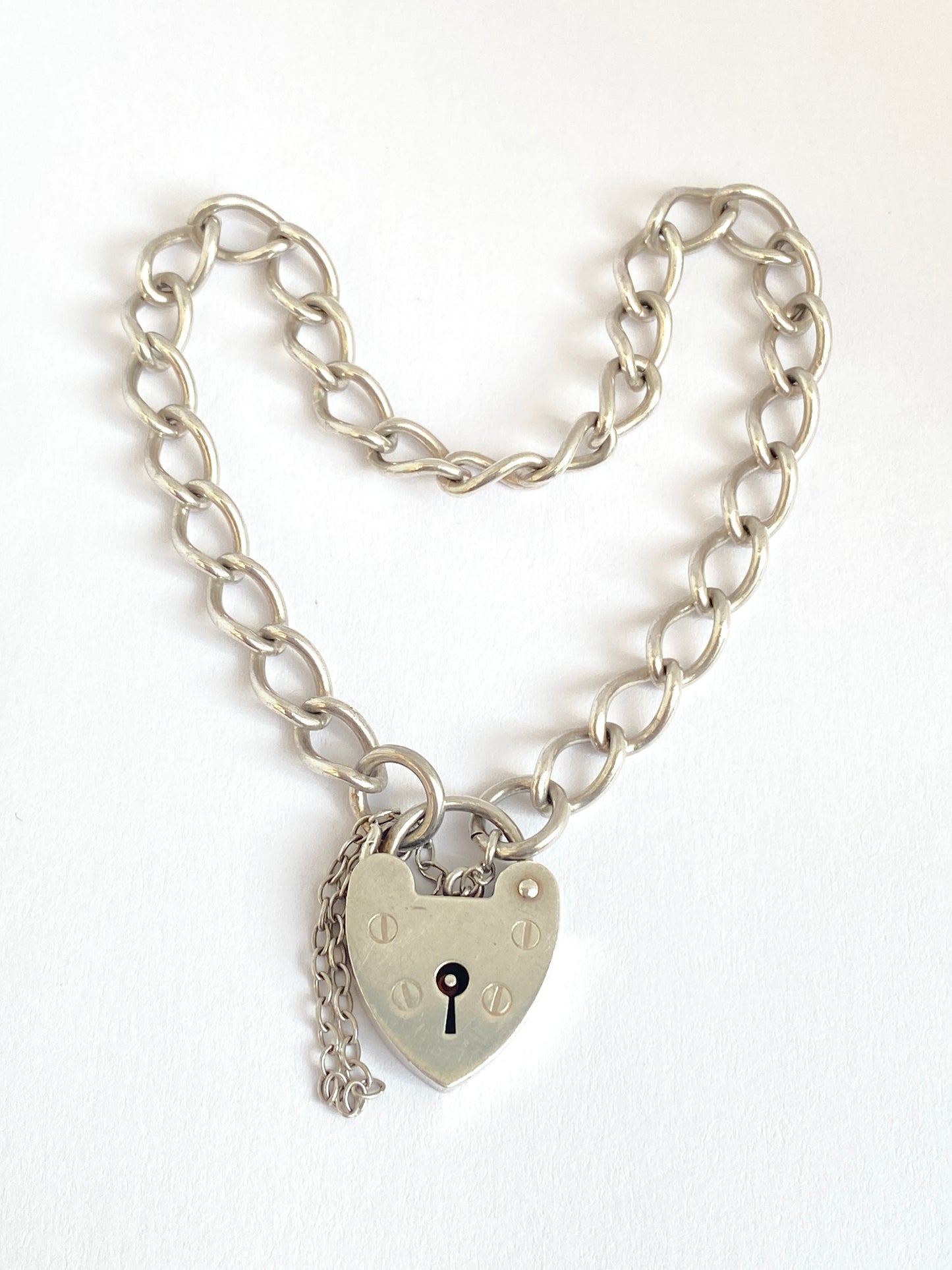 Hallmarked, Vintage Solid Silver Curb Link Bracelet with Heart Padlock, 1975