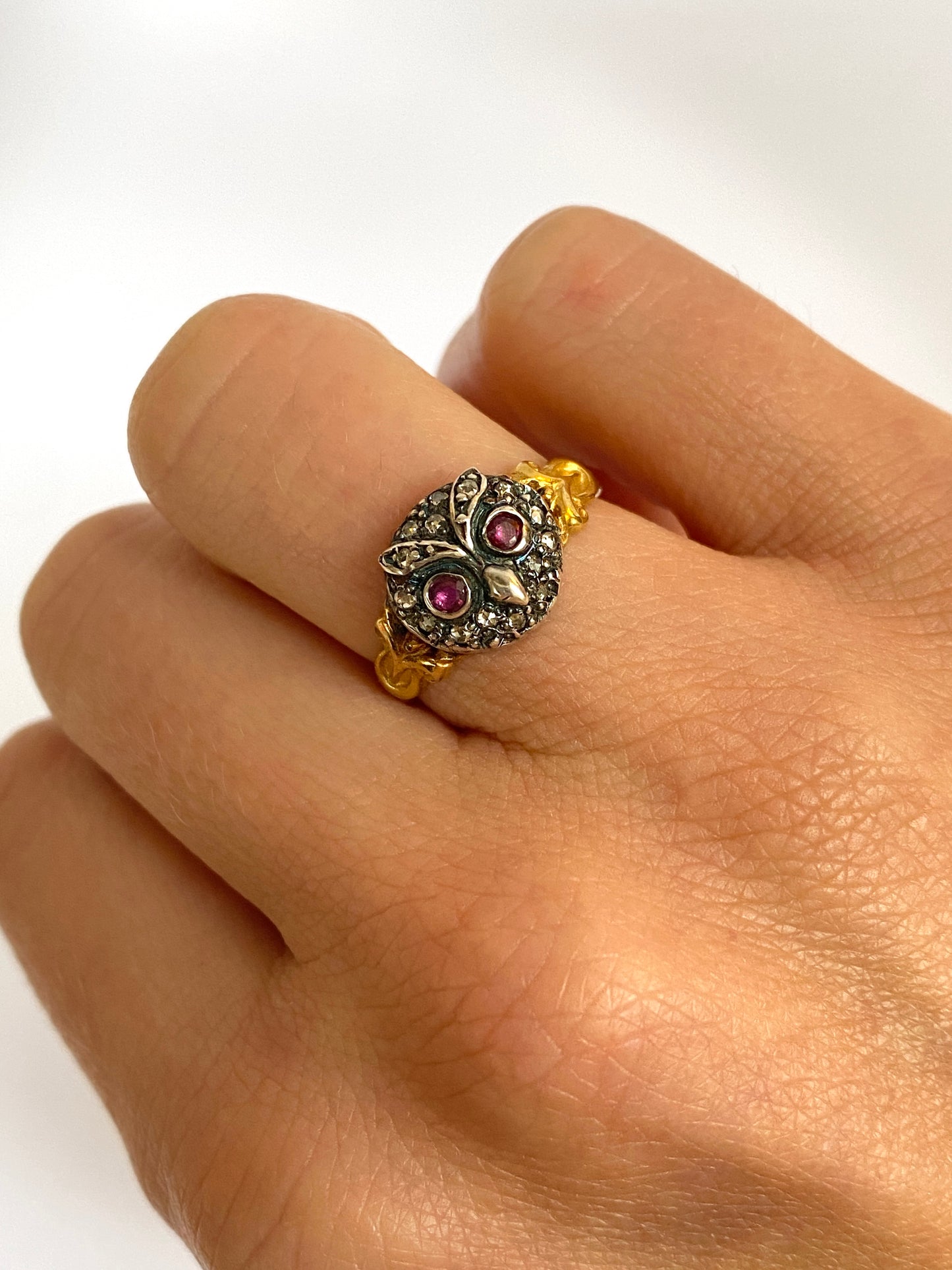 Vintage, 15ct Gold and Silver, Rose Cut Diamond and Ruby eyed Owl Ring