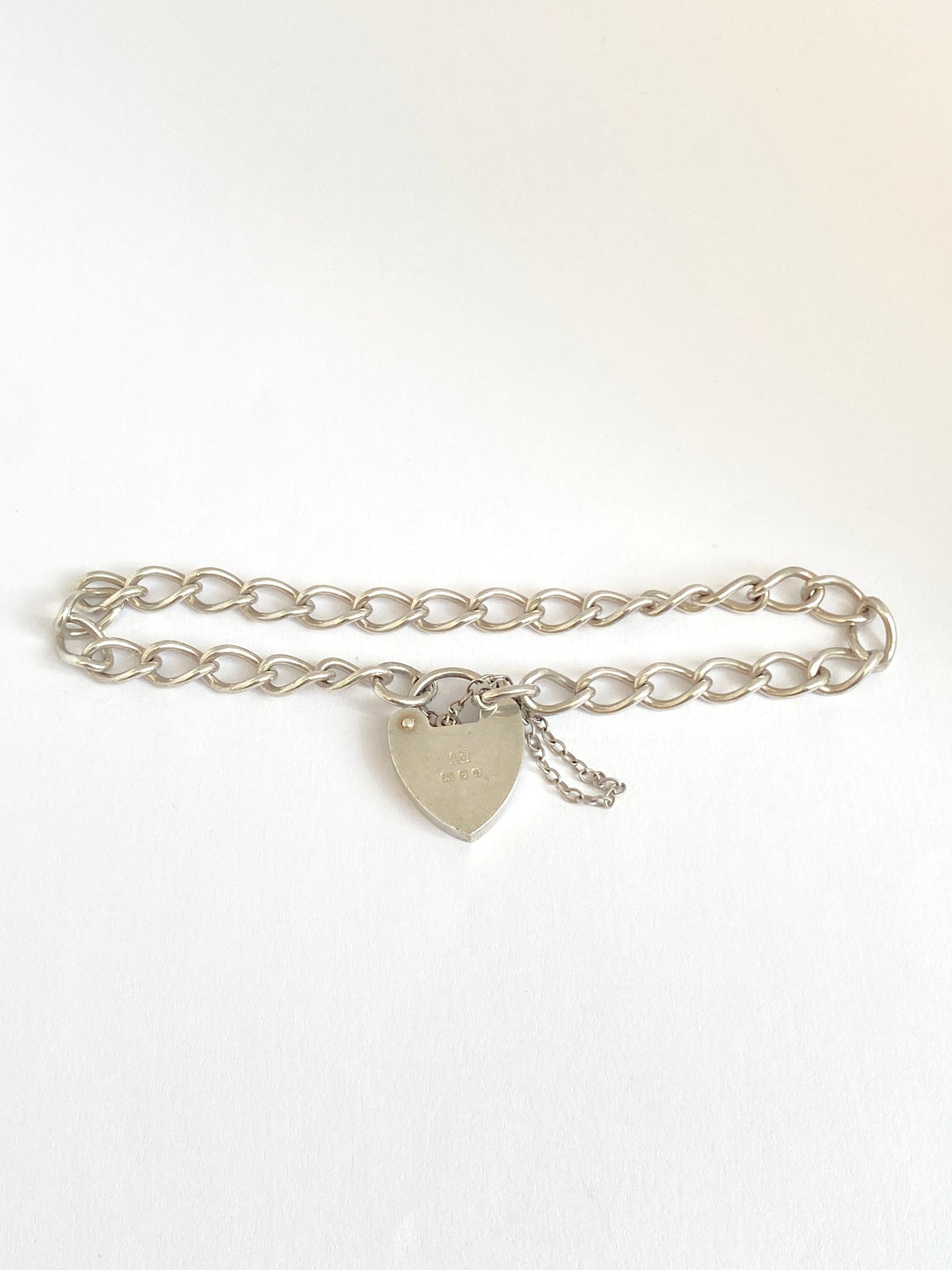 Hallmarked, Vintage Solid Silver Curb Link Bracelet with Heart Padlock, 1975